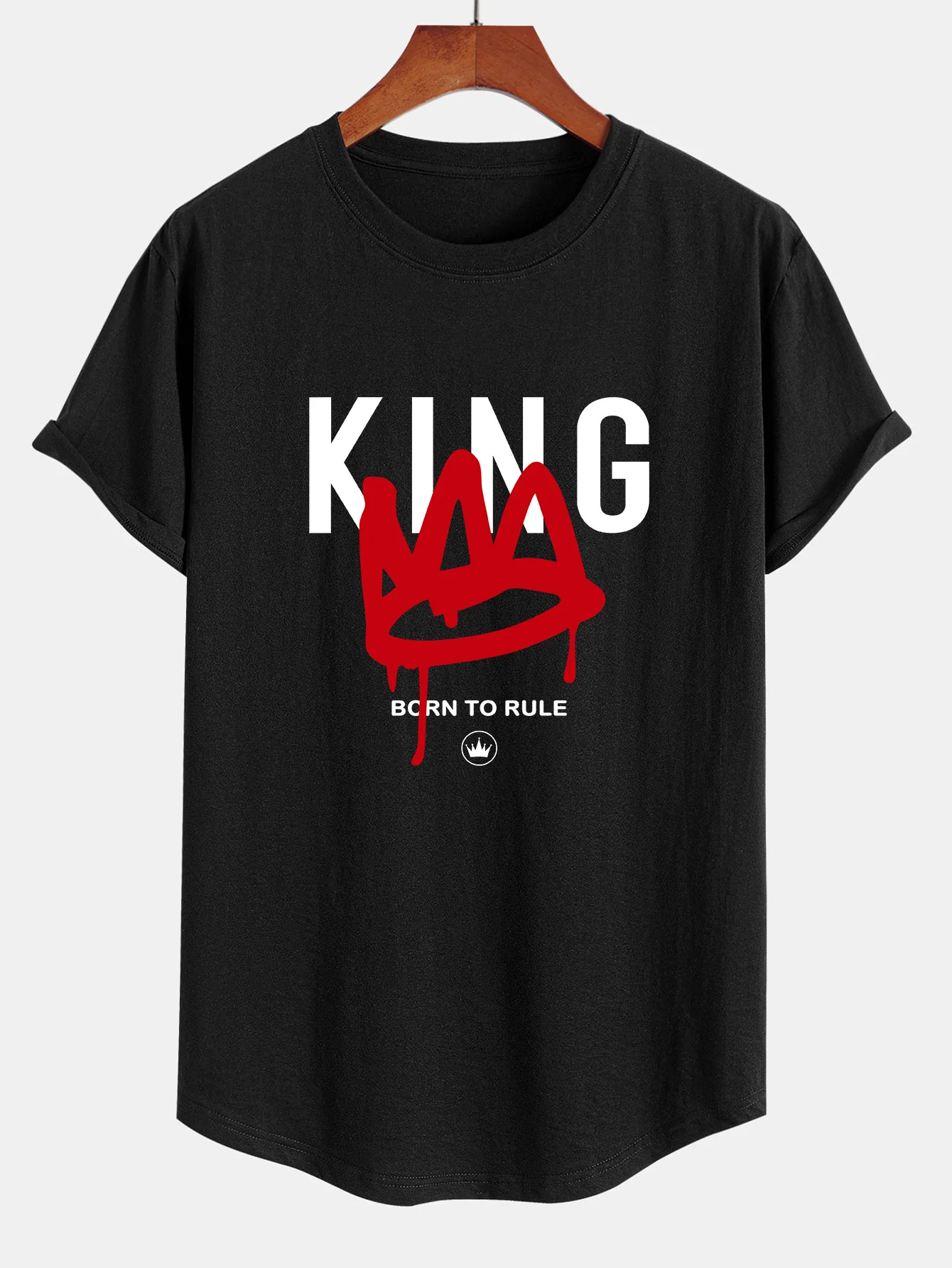 Crown King Print Baumwoll-T-Shirt mit abgerundetem Saum