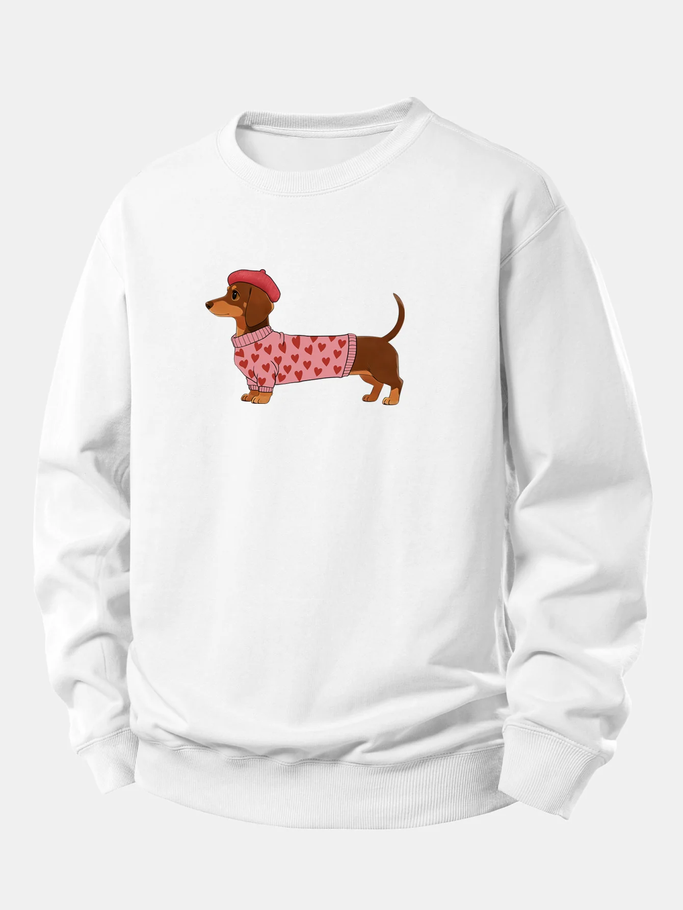 Dachshund Wearing Heart Sweater Print Relax Fit Sweatshirt - Image 2