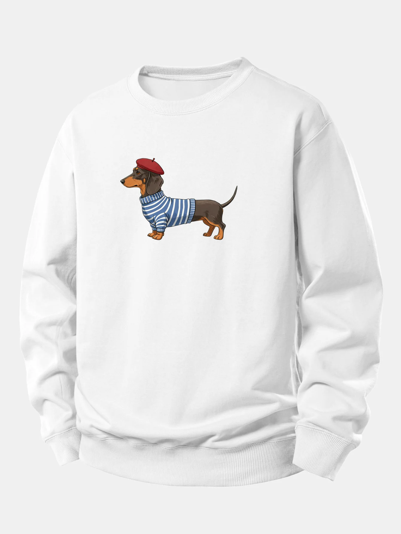 Dachshund Wearing Striped Sweater Print Relax Fit Sweatshirt - Image 2