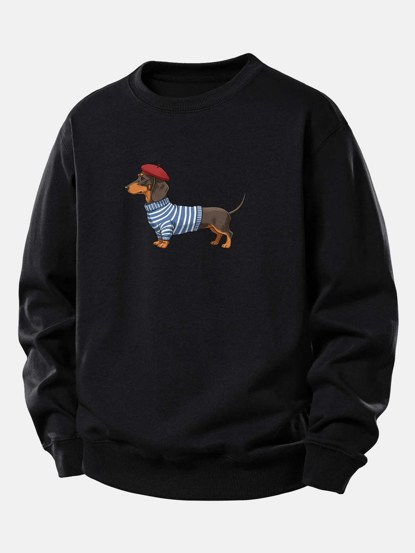 Dachshund Wearing Striped Sweater Print Relax Fit Sweatshirt - Image 3