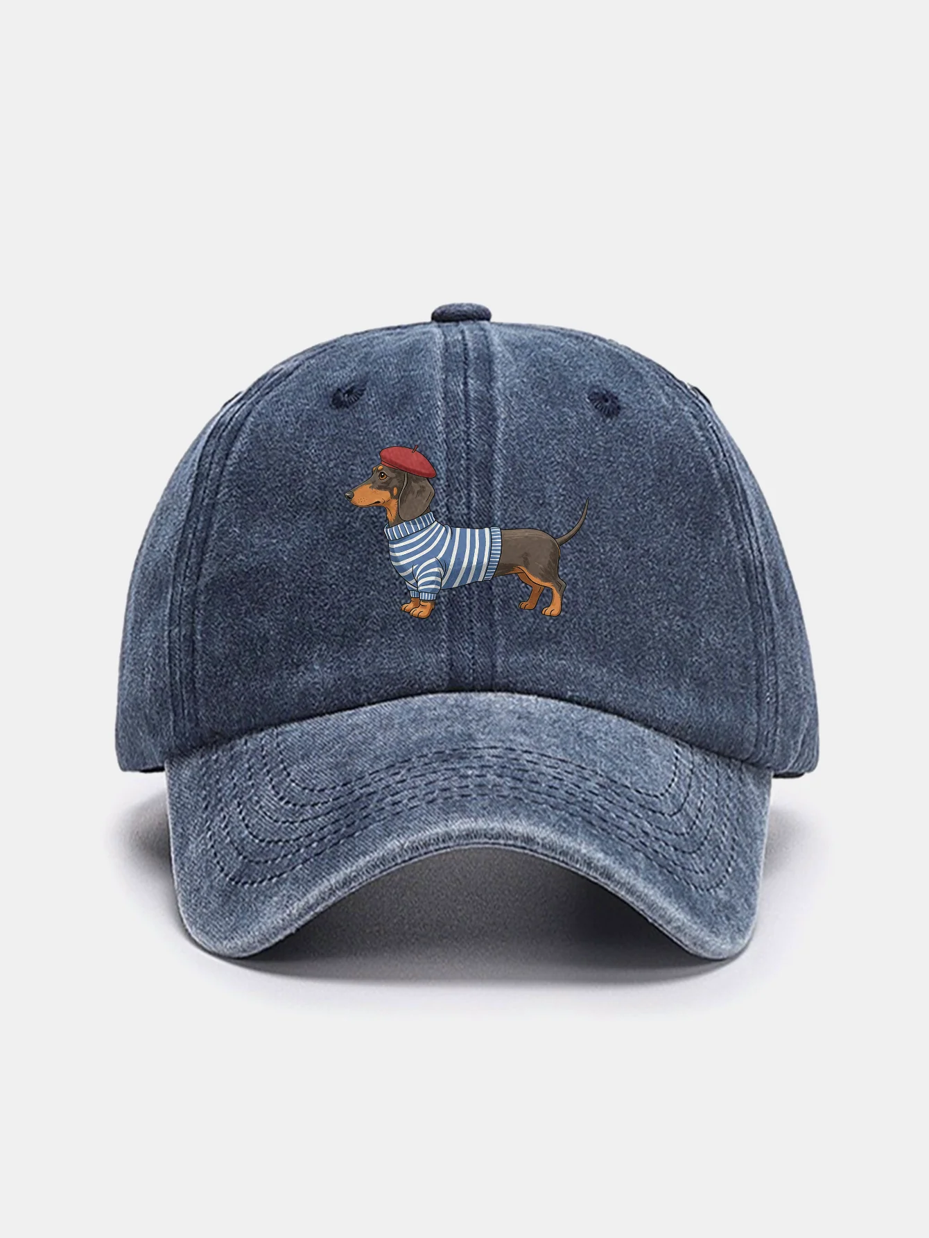 Dachshund Wearing Striped Sweater Print Washed Baseball Cap - Image 3