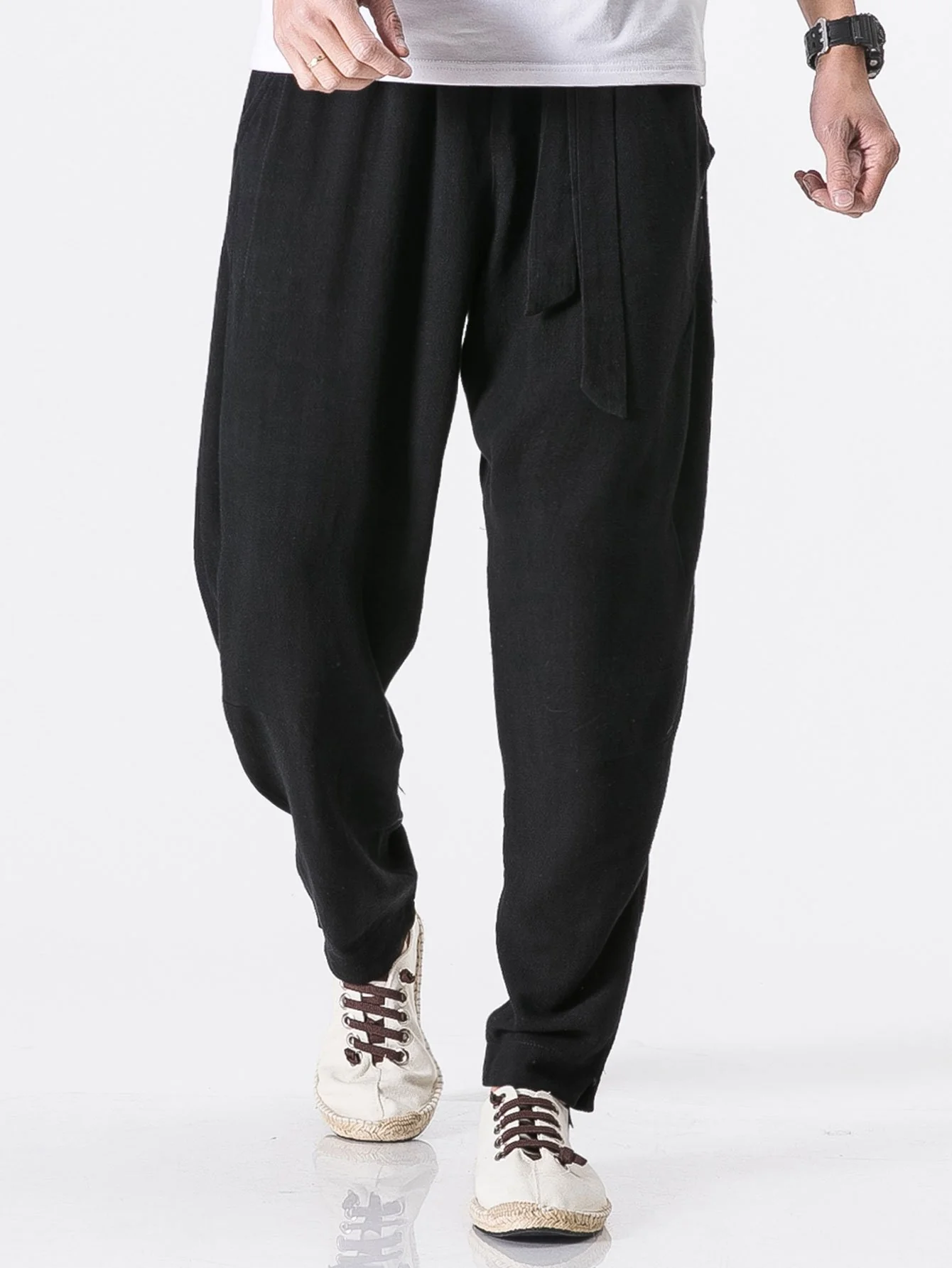 Abnehmbare Gürtel Relaxed Fit Leinen- und Baumwollmischung Harem-Hosen - Image 10