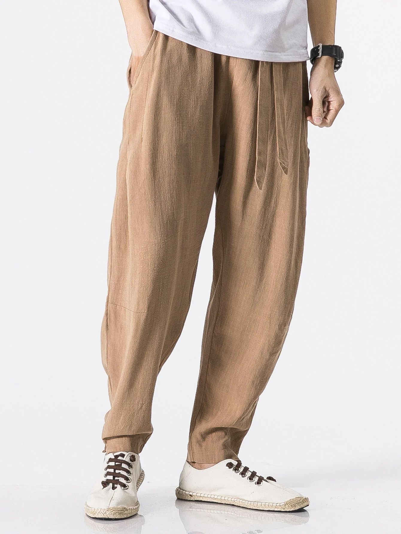 Abnehmbare Gürtel Relaxed Fit Leinen- und Baumwollmischung Harem-Hosen - Image 4