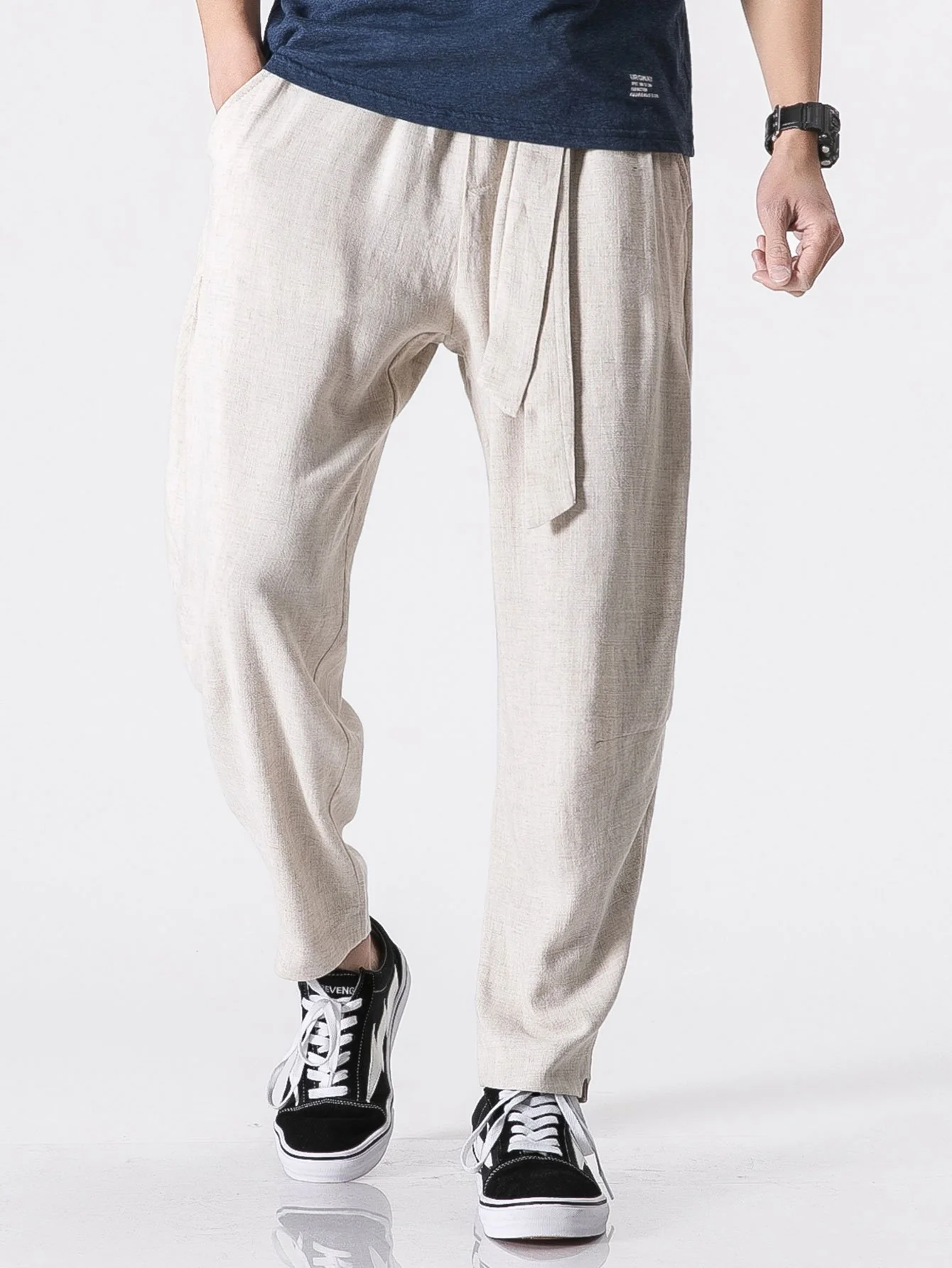 Abnehmbare Gürtel Relaxed Fit Leinen- und Baumwollmischung Harem-Hosen - Image 6