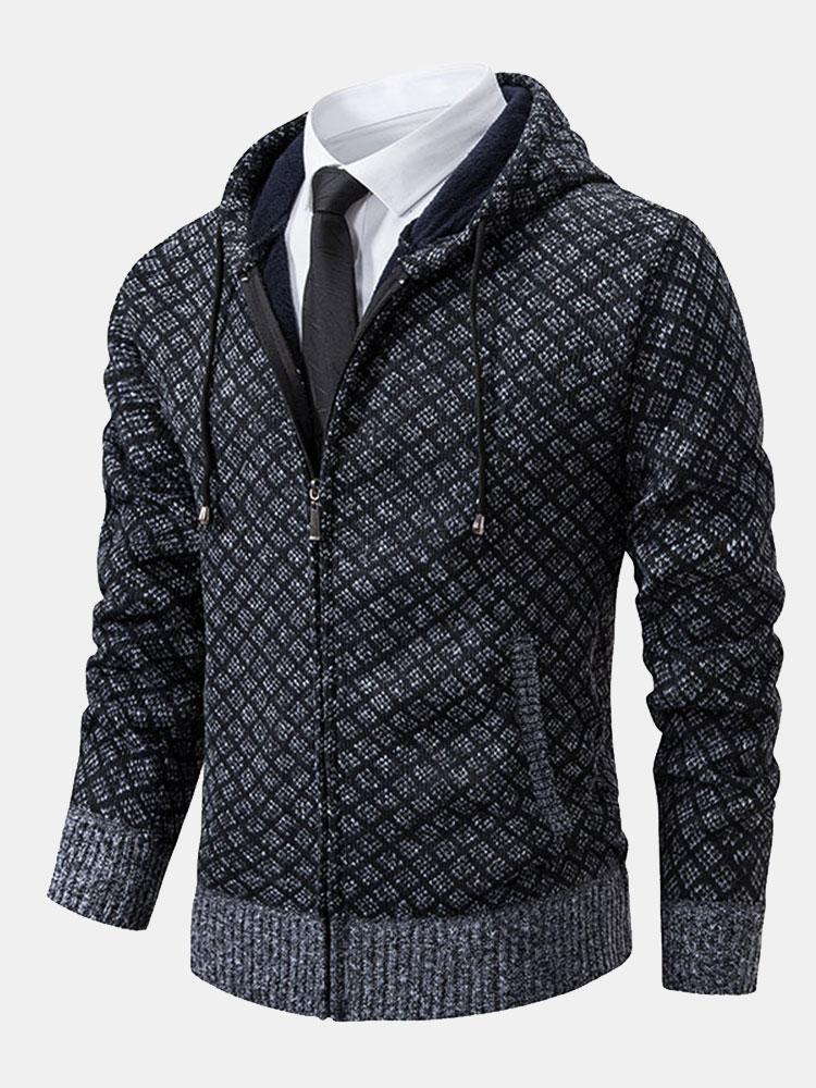 Diamantmuster Zip Kapuzenpullover - Image 3