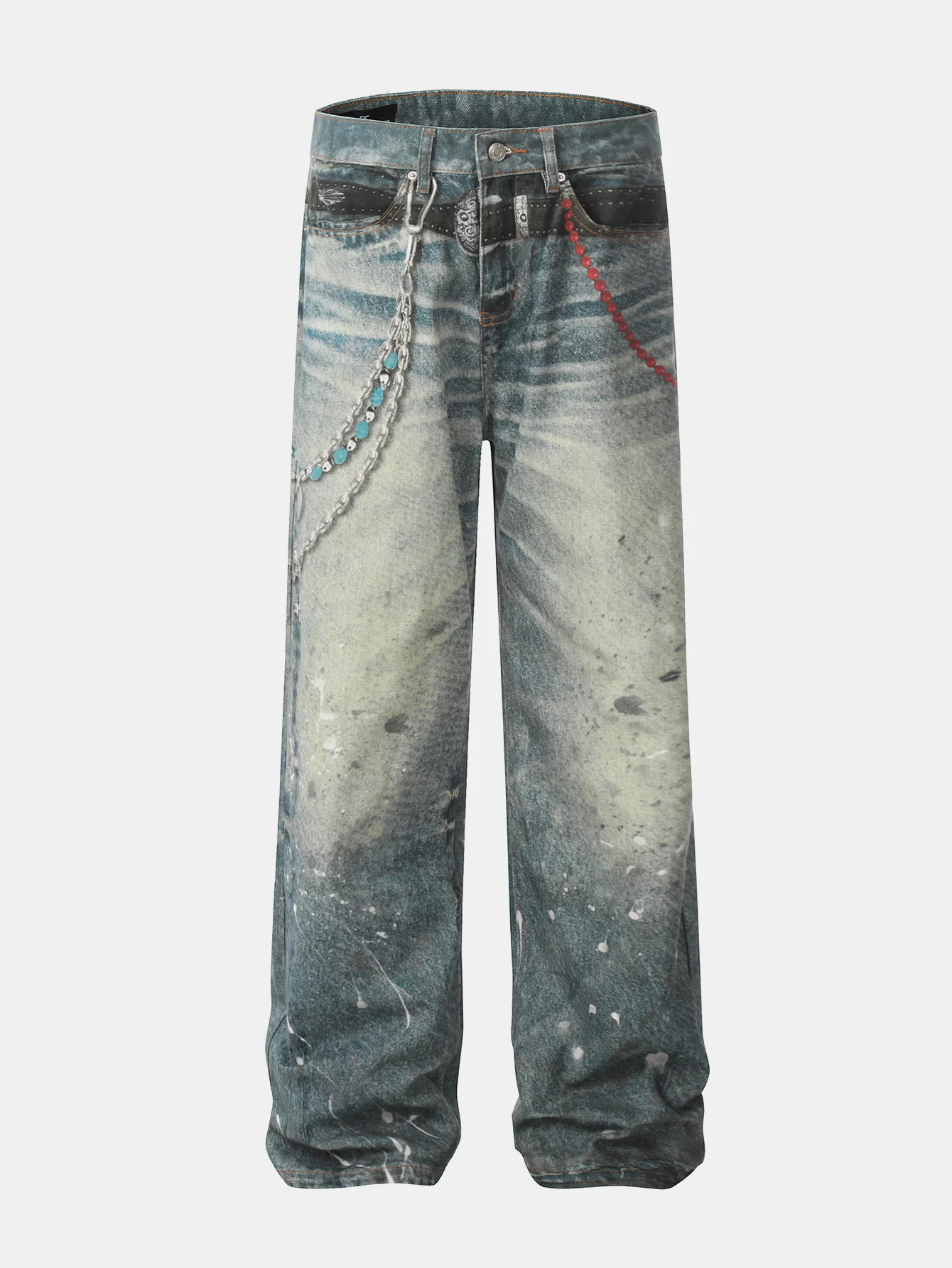 Ausgewaschene, mit Ketten verzierte Baggy-Jeans aus Denim