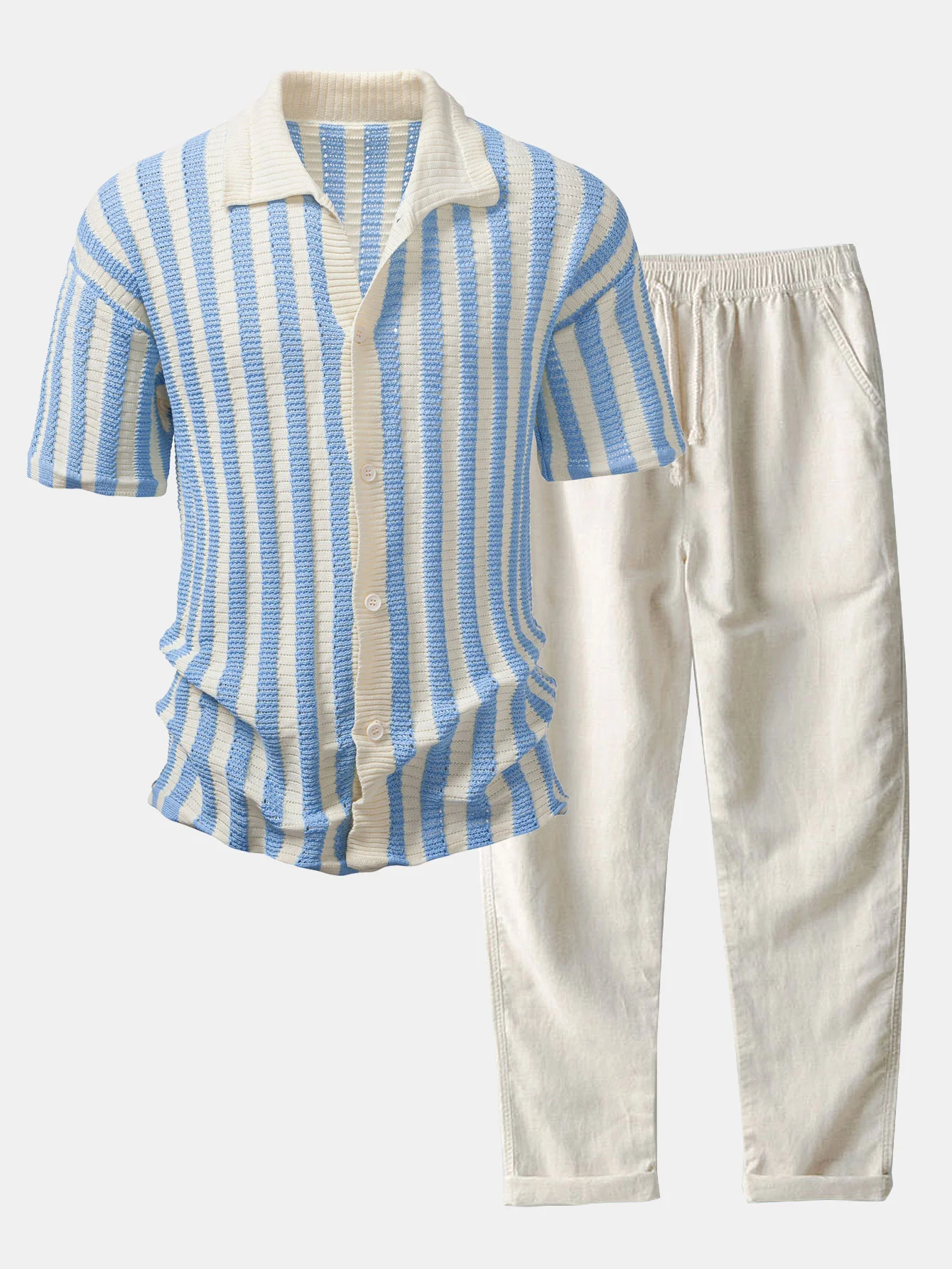 Oversize Schulter Streifen Häkelshirt & Leinenhose mit geradem Bein - Image 2