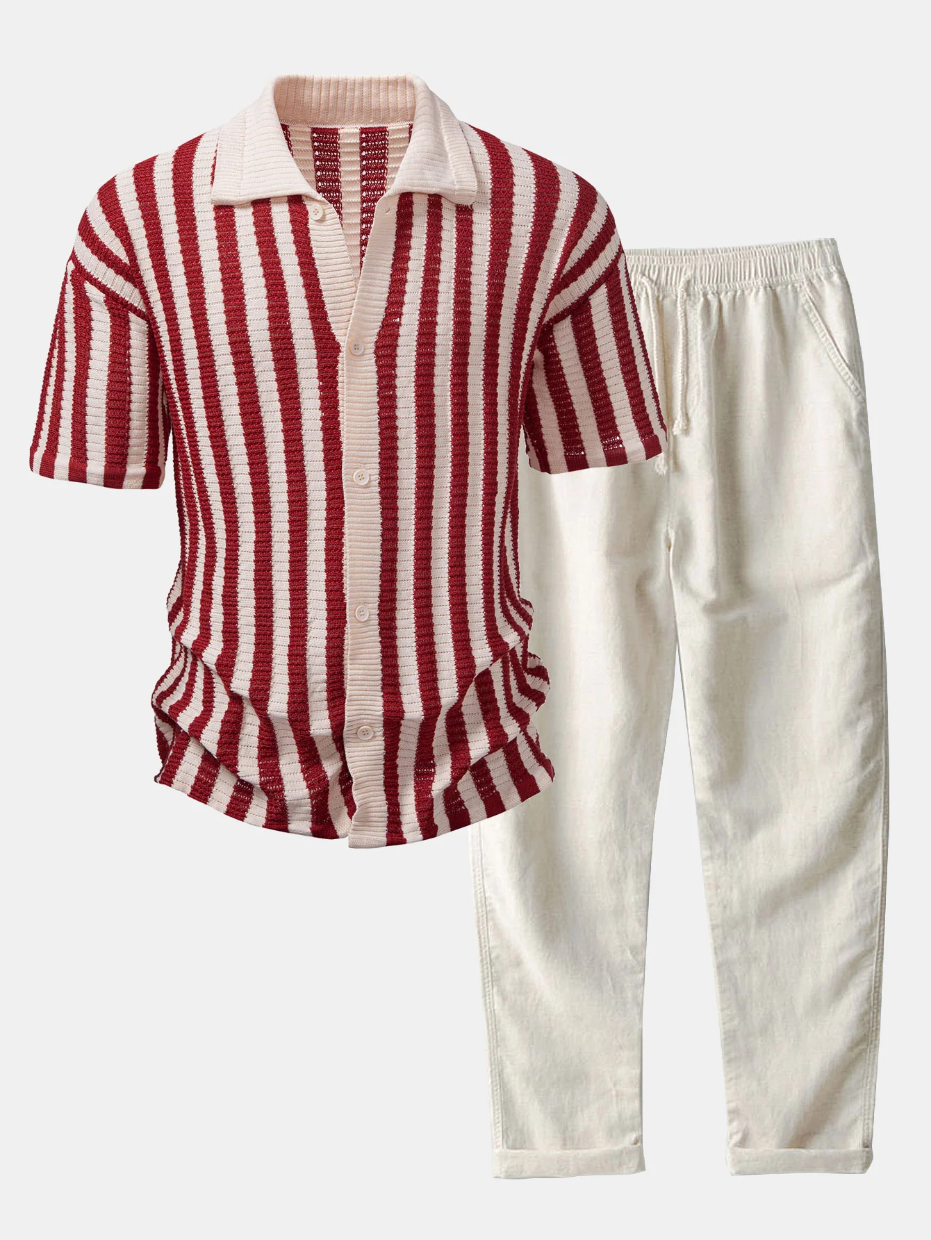Oversize Schulter Streifen Häkelshirt & Leinenhose mit geradem Bein - Image 3
