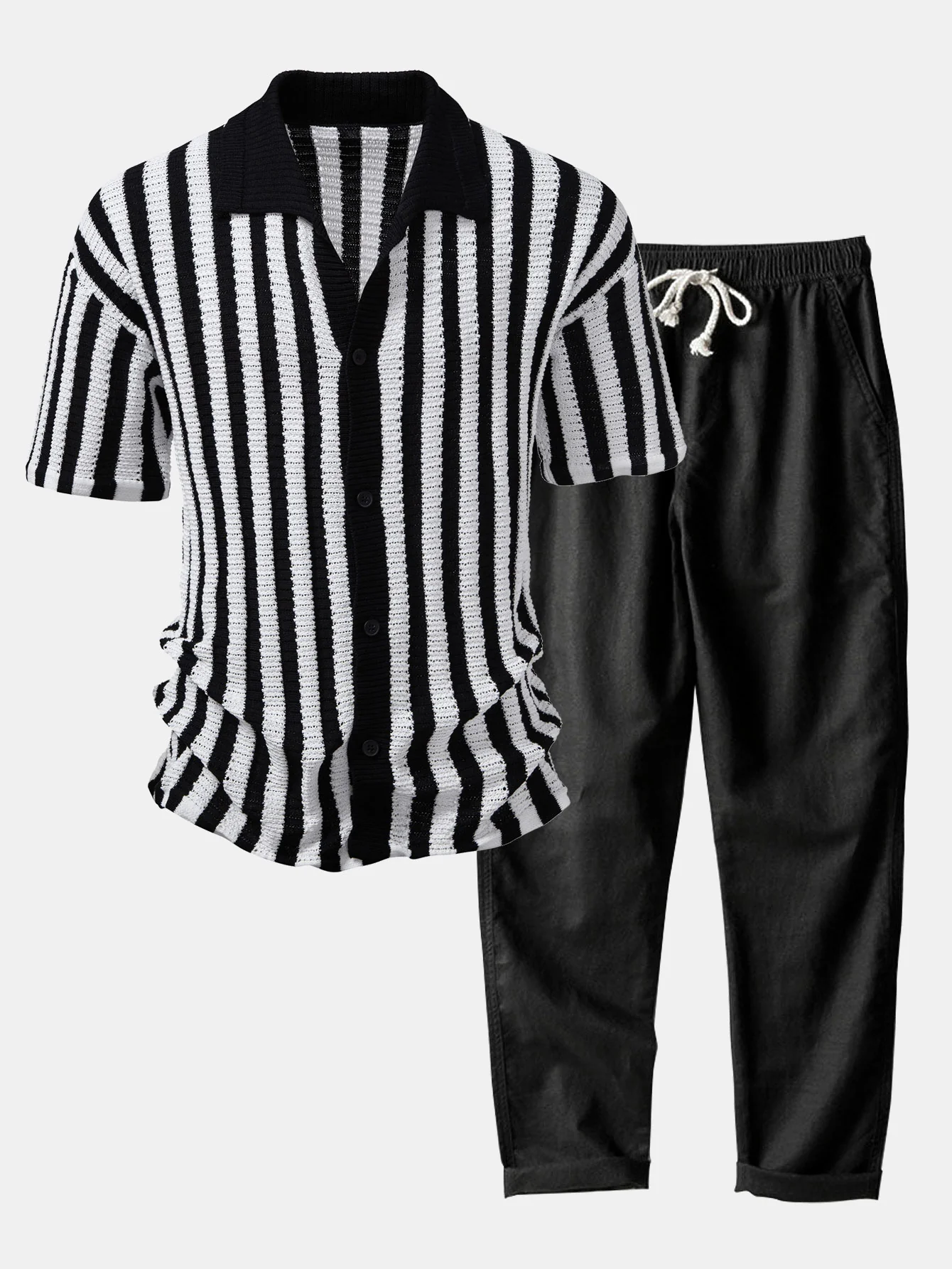 Oversize Schulter Streifen Häkelshirt & Leinenhose mit geradem Bein - Image 4
