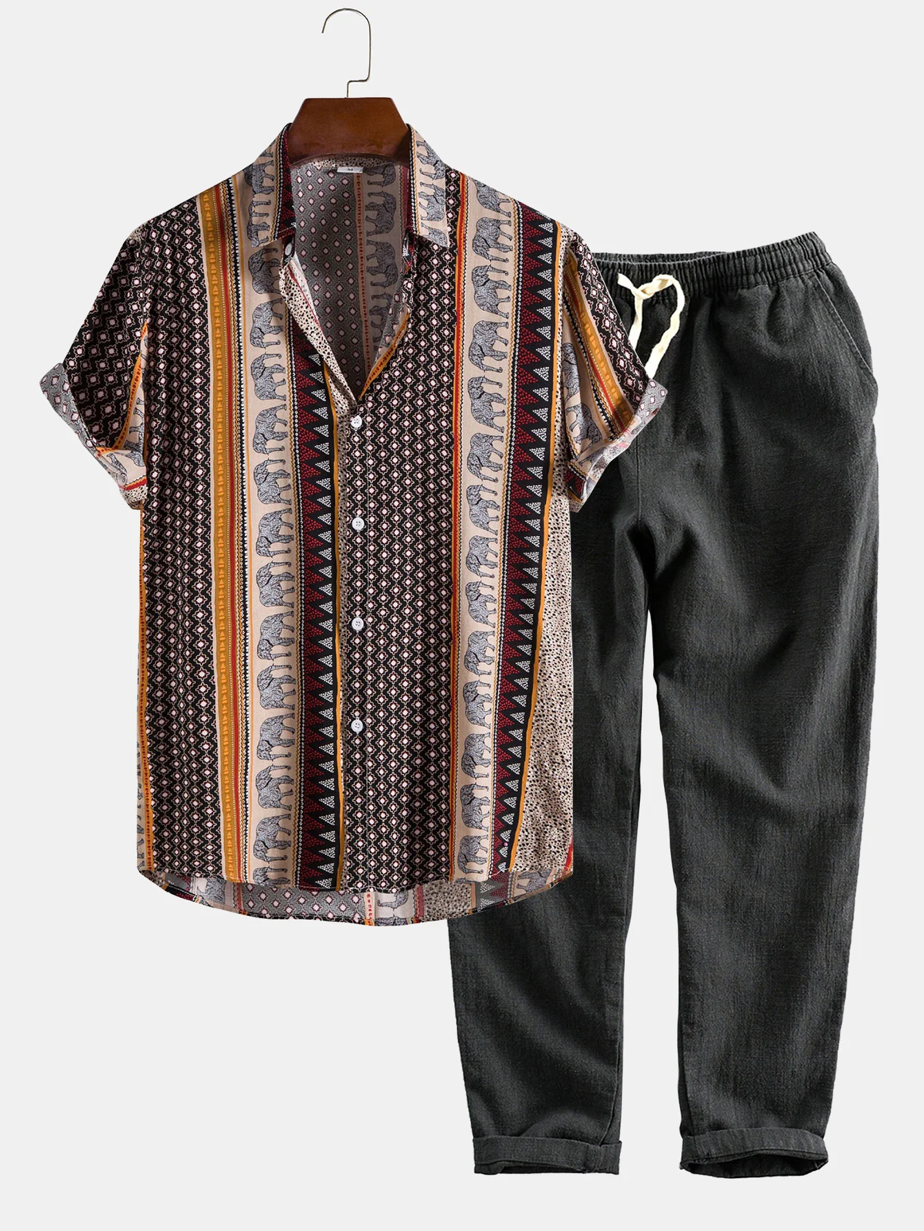 Elefanten geometrisches Druckhemd & Leinen-Baumwoll-Mix cropped Hose - Image 2