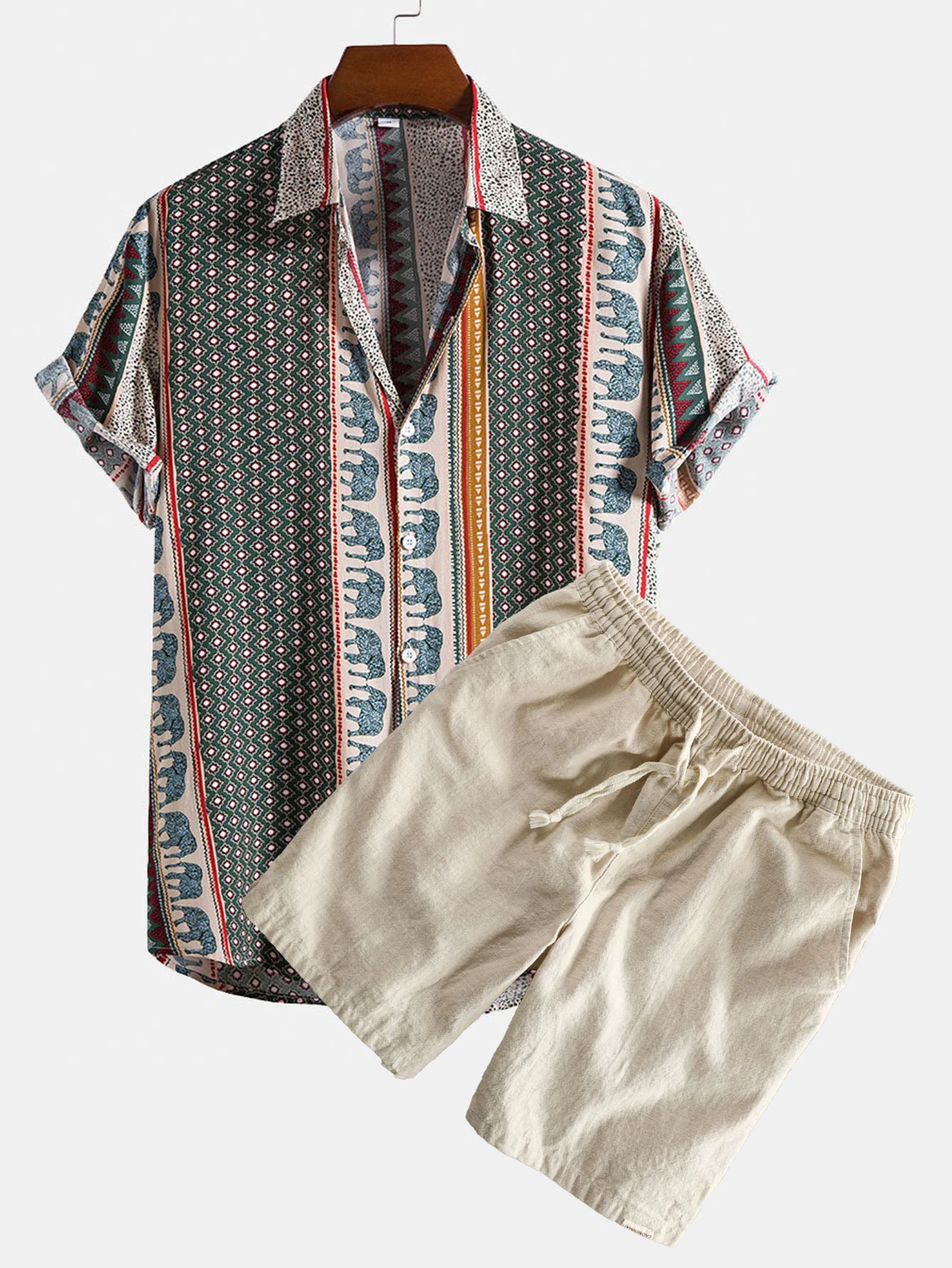 Elefanten Geometrischer Druck Hemd & Leinen Baumwoll Mischgewebe Kordelzug Shorts