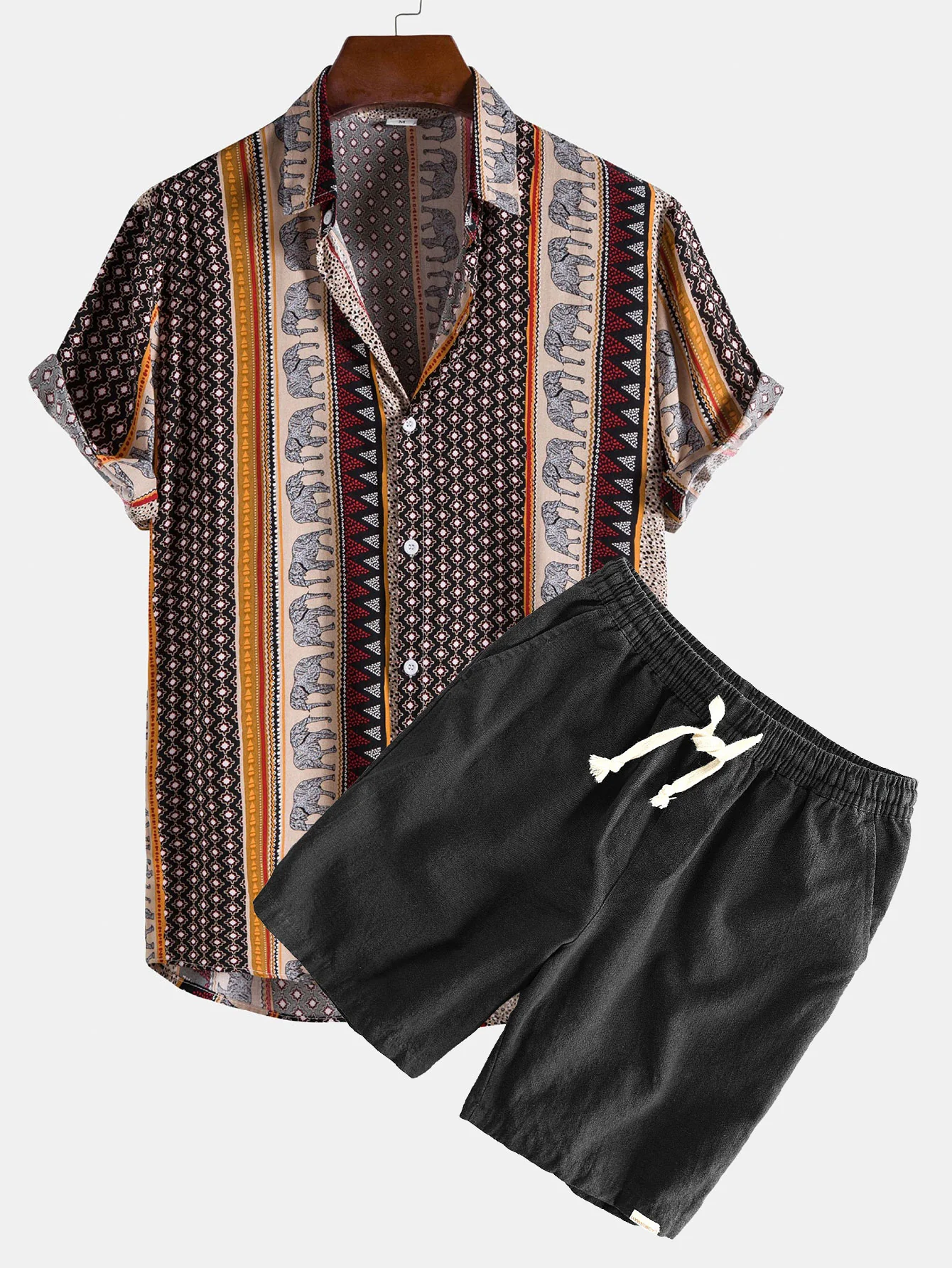 Elefanten Geometrischer Druck Hemd & Leinen Baumwoll Mischgewebe Kordelzug Shorts - Image 2