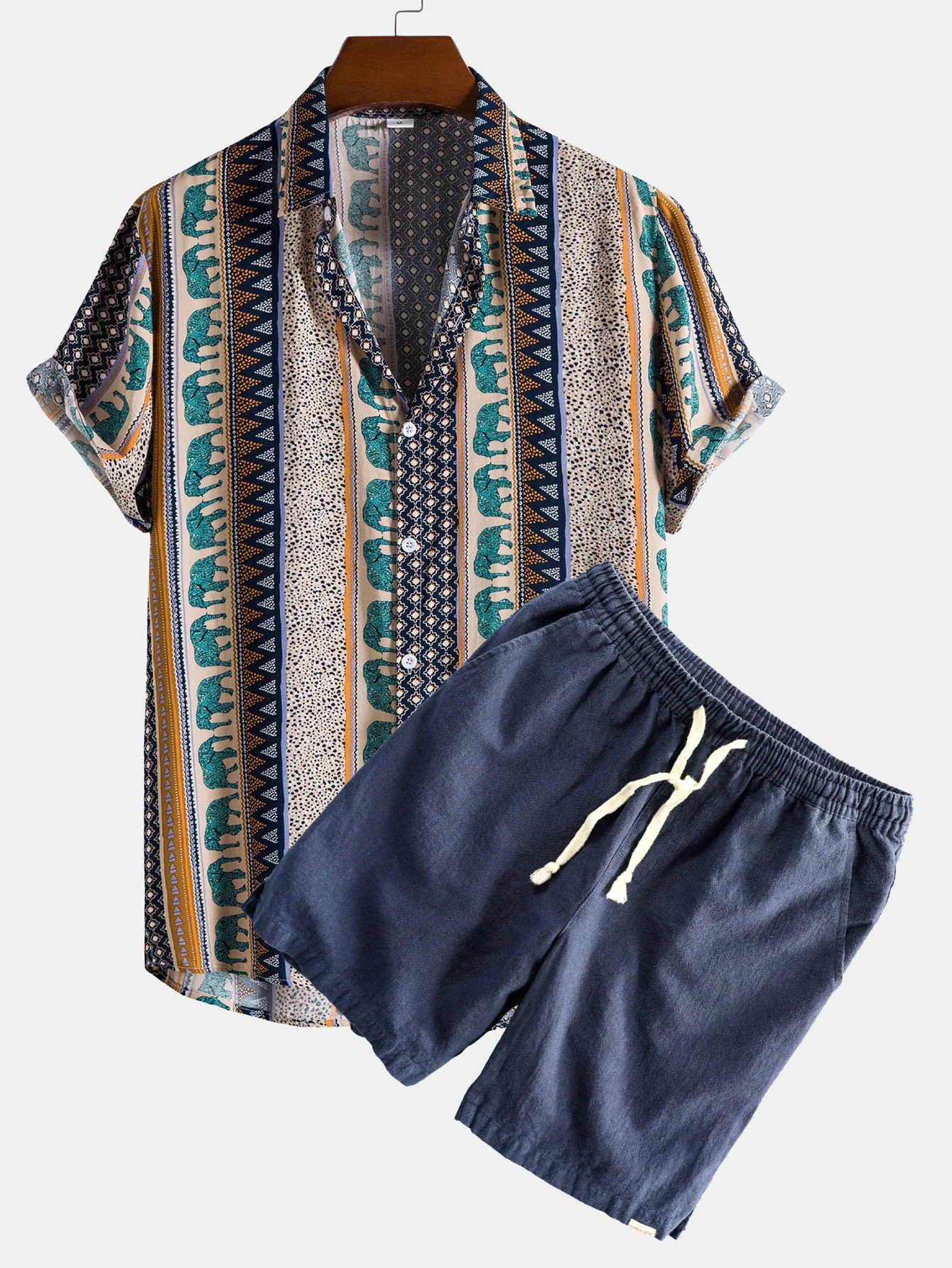 Elefanten Geometrischer Druck Hemd & Leinen Baumwoll Mischgewebe Kordelzug Shorts - Image 3