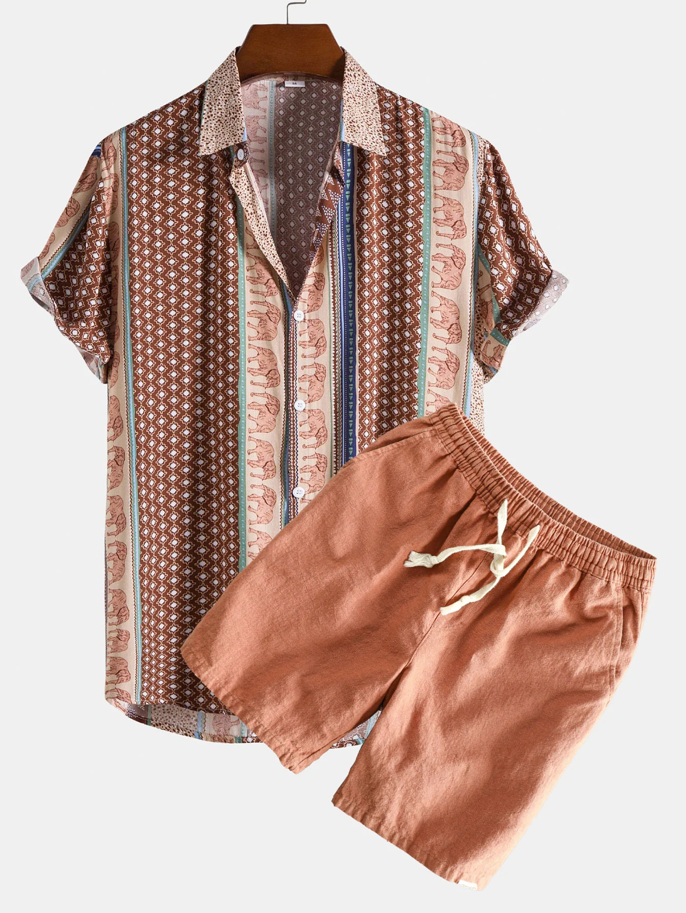 Elefanten Geometrischer Druck Hemd & Leinen Baumwoll Mischgewebe Kordelzug Shorts - Image 4