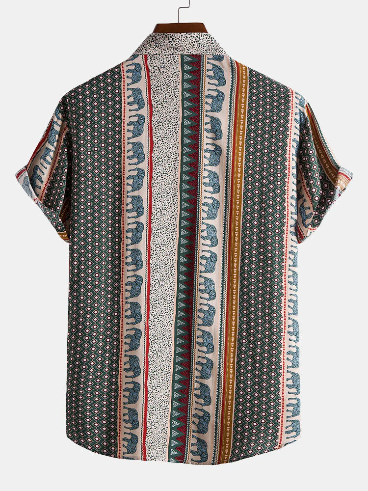 Elefanten Geometrischer Druck Hemd & Leinen Baumwoll Mischgewebe Kordelzug Shorts - Image 6