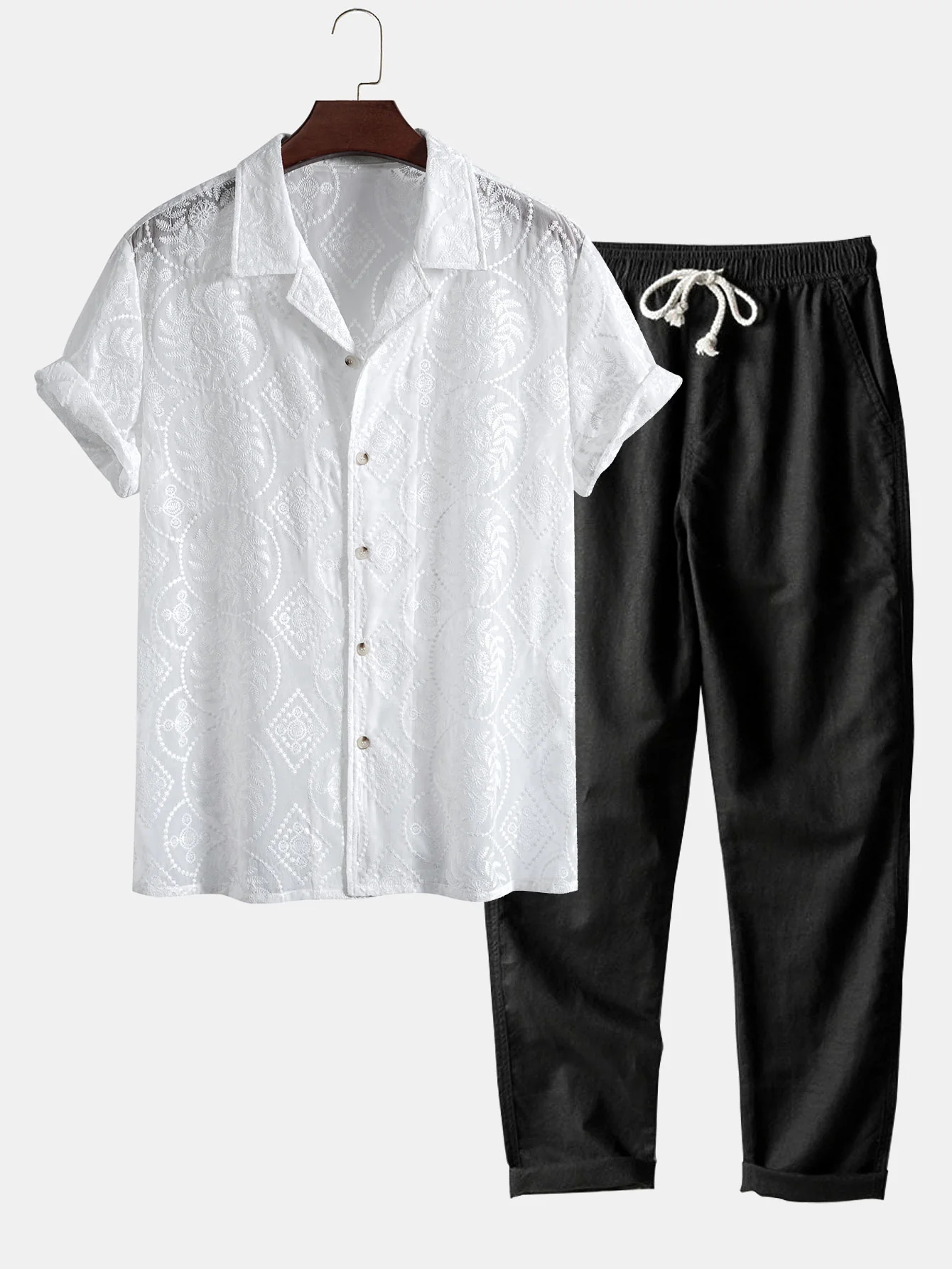 Bestickte Blumen-Cuban-Hemd & gerade Leinenhose