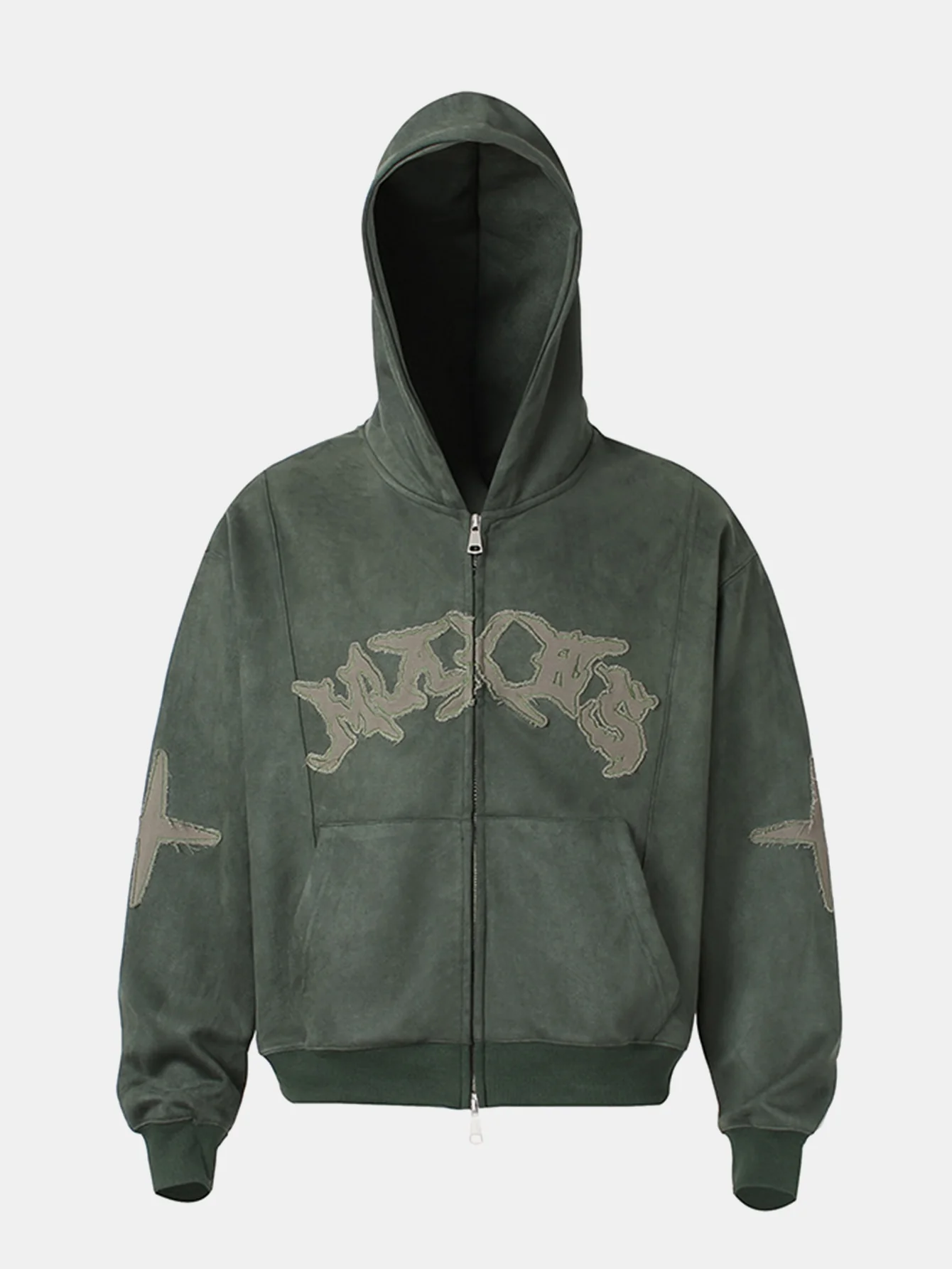 Bestickter Buchstaben Kunstwildleder Reißverschluss Kapuzenpullover