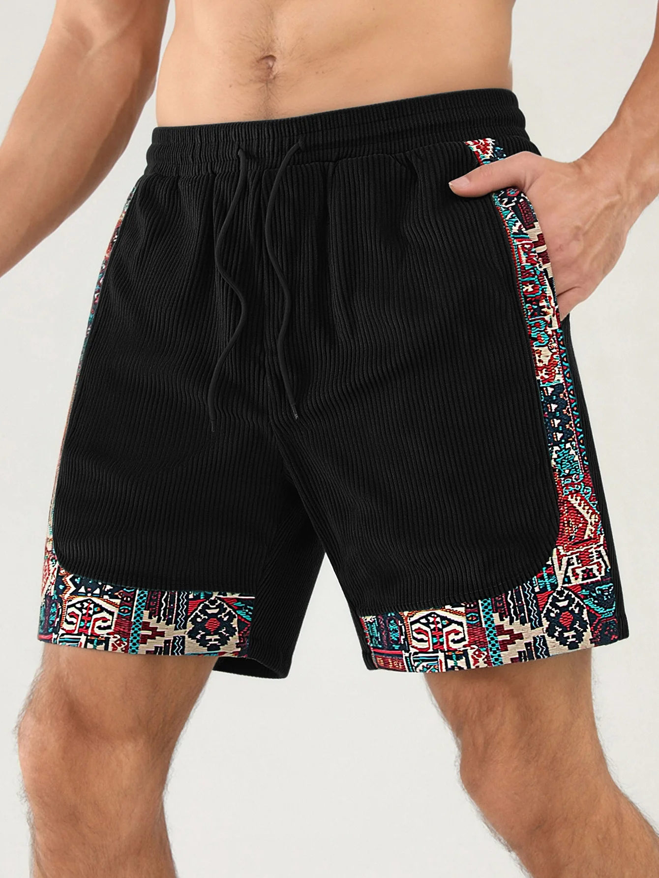 Ethnic Geometric Jacquard Patchwork Corduroy Shorts - Image 2