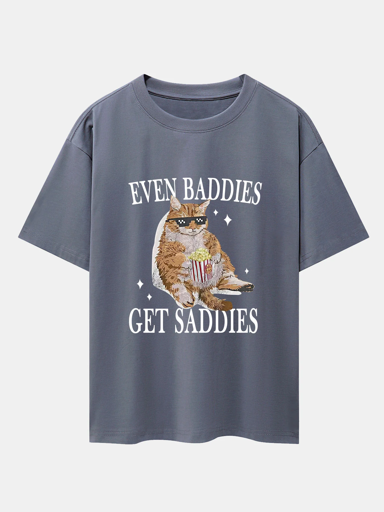 Even Baddies Get Saddies Cat Print Drop Shoulder Oversize T-Shirt