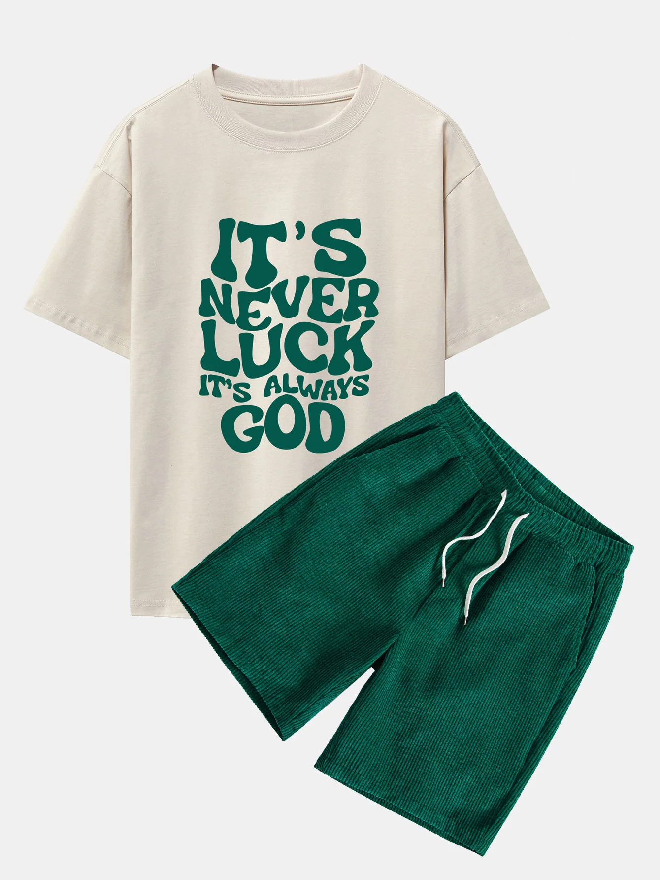 Gott Slogan Druck Drop Shoulder Oversize T-Shirt & Kordhose mit Kordelzug - Image 2