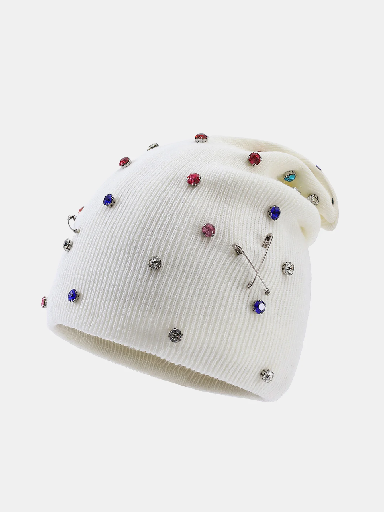 Fashion Punk Style Warm Rhinestone Knit Beanie Hat With Brooch Pin - Image 2