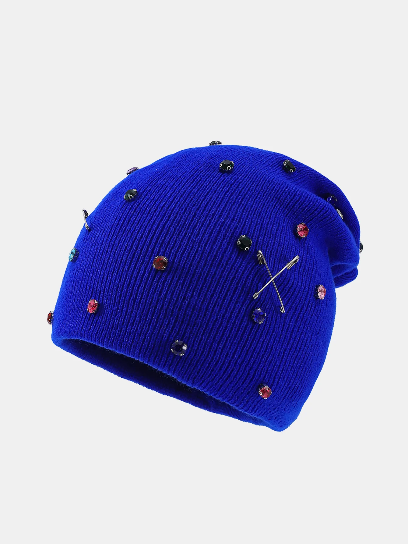 Fashion Punk Style Warm Rhinestone Knit Beanie Hat With Brooch Pin - Image 3