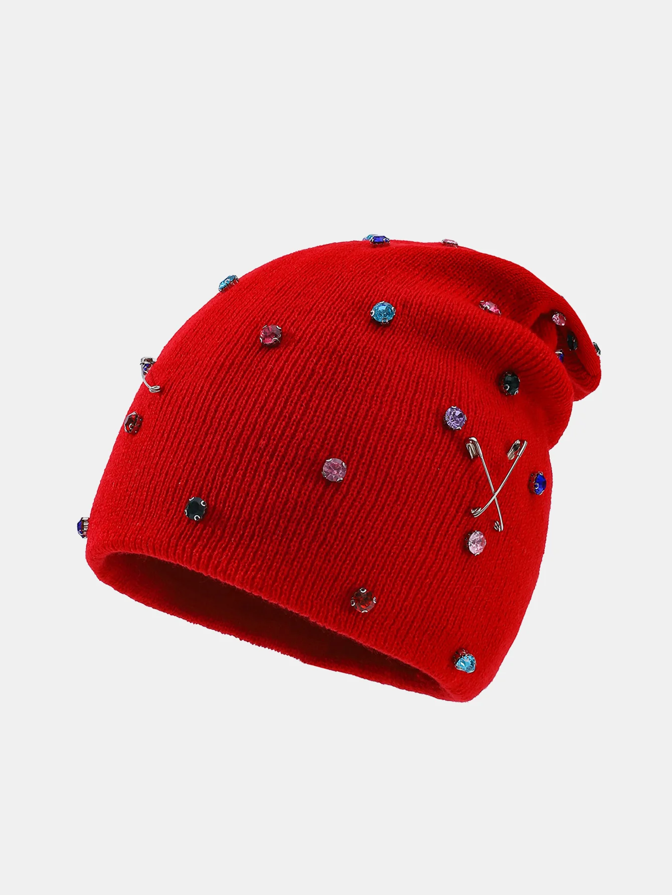 Fashion Punk Style Warm Rhinestone Knit Beanie Hat With Brooch Pin - Image 4