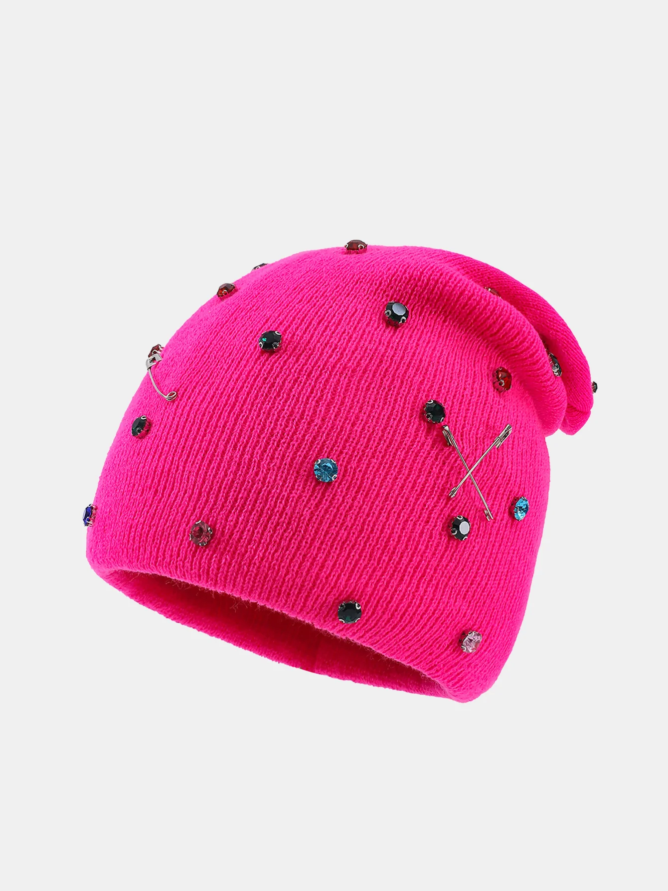 Fashion Punk Style Warm Rhinestone Knit Beanie Hat With Brooch Pin - Image 5