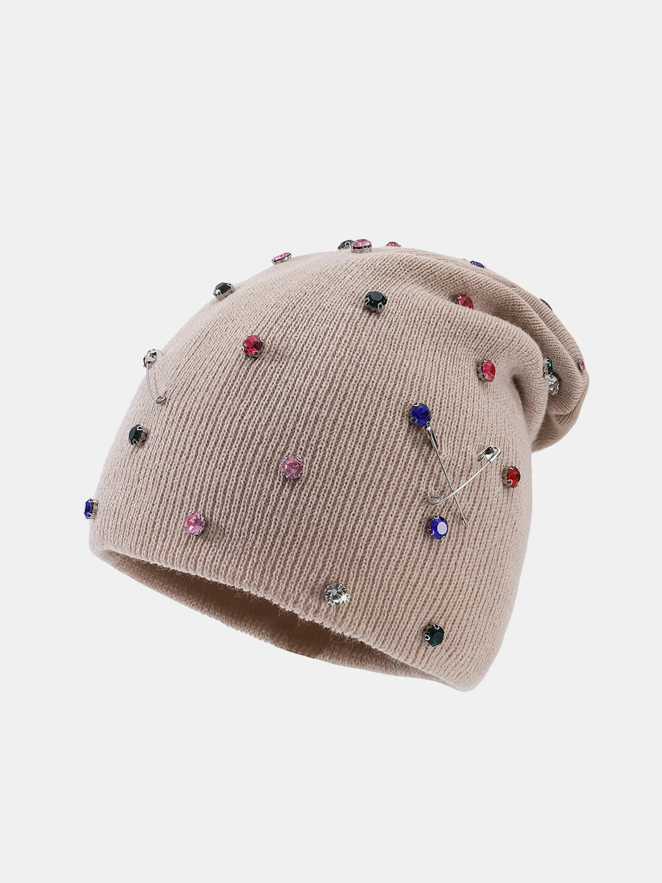 Fashion Punk Style Warm Rhinestone Knit Beanie Hat With Brooch Pin - Image 6