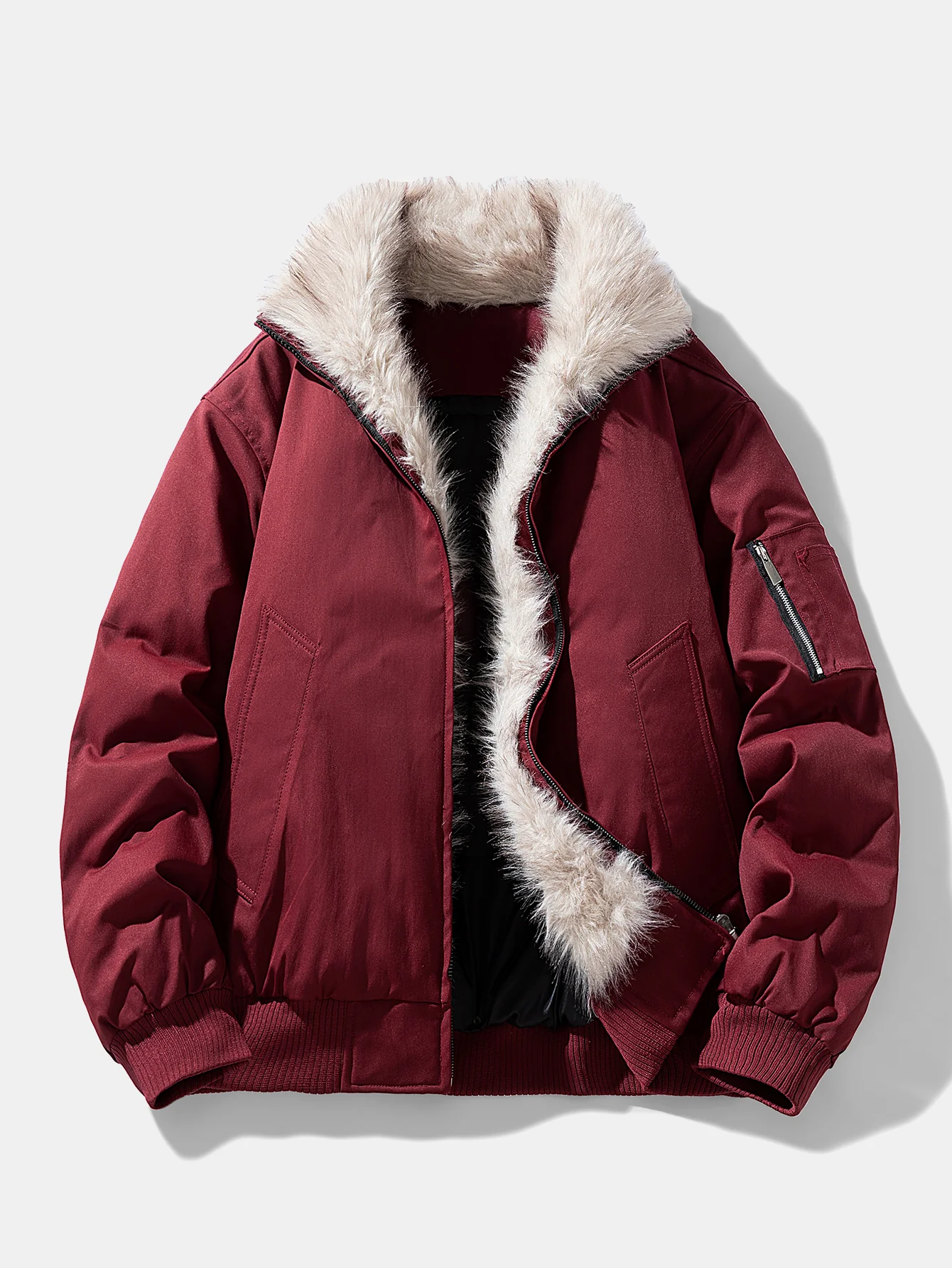 Oversize Faux Fur Collar Bomber Jacket - Image 3