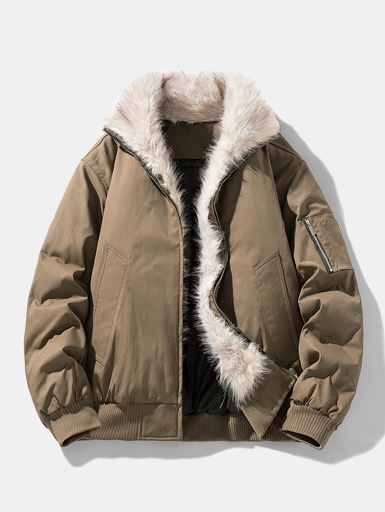 Oversize Faux Fur Collar Bomber Jacket - Image 5
