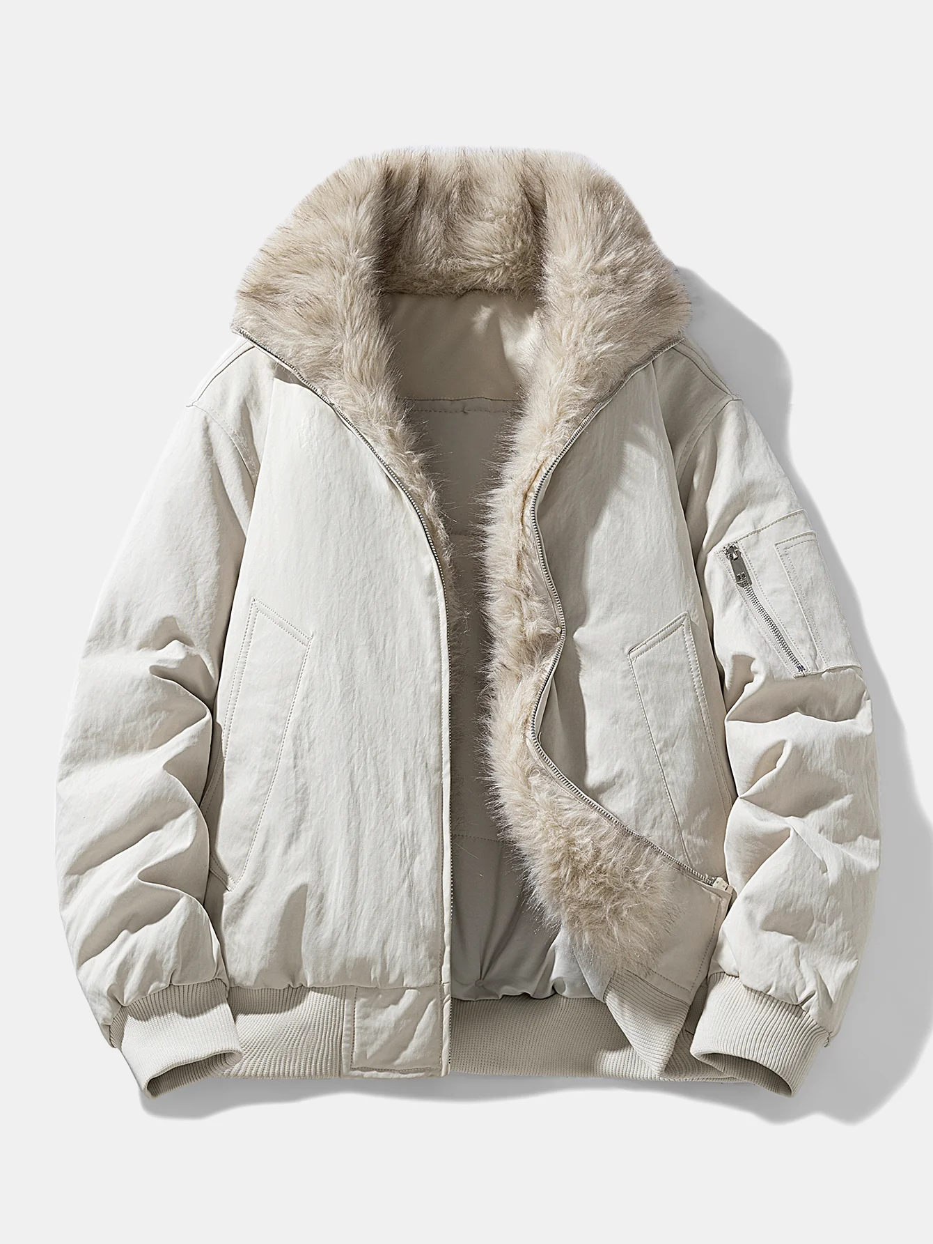 Oversize Faux Fur Collar Bomber Jacket - Image 7