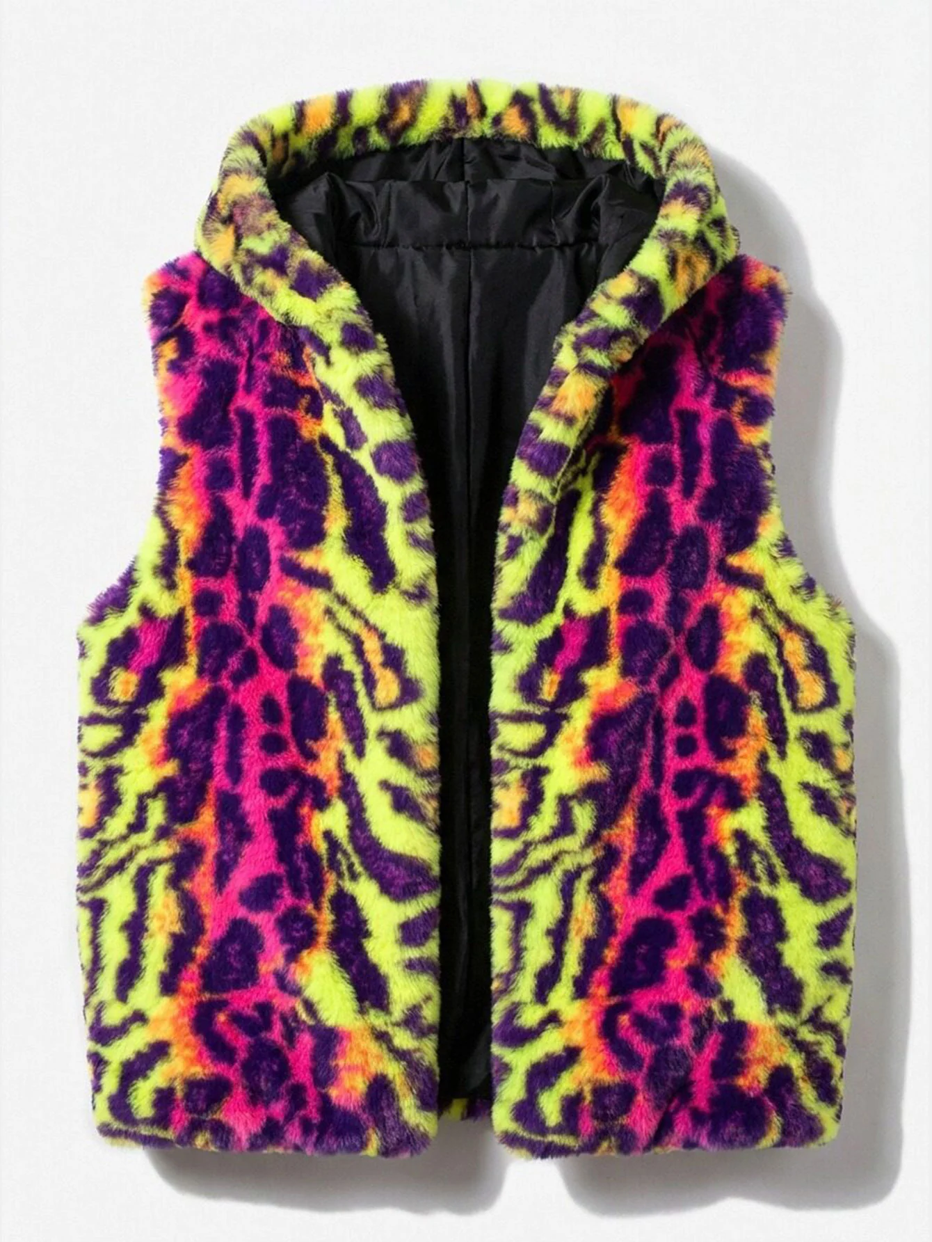 Faux Fur Colorful Leopard Hooded Vest - Image 3