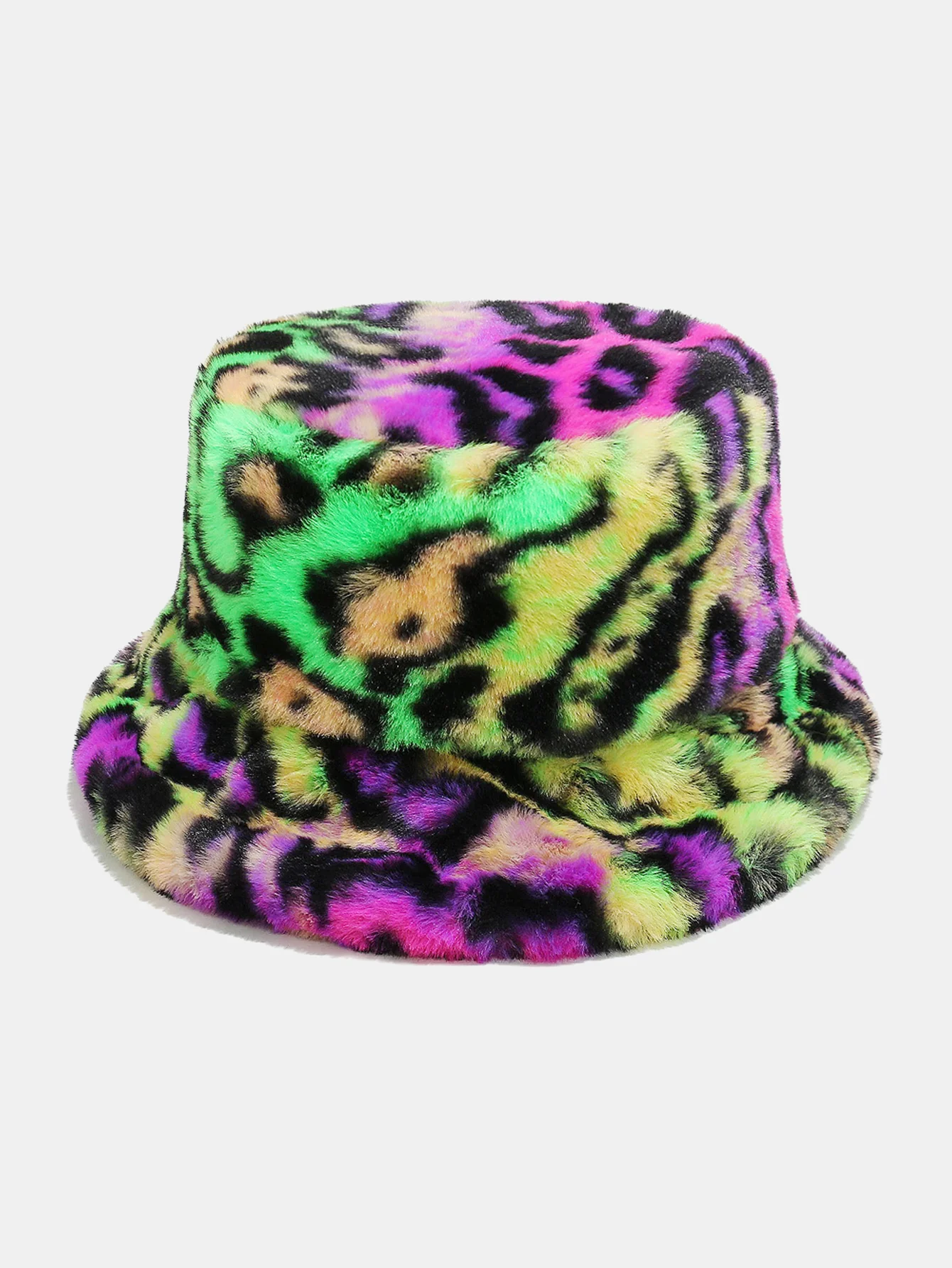Faux Fur Colorful Leopard Print Bucket Hat - Image 2