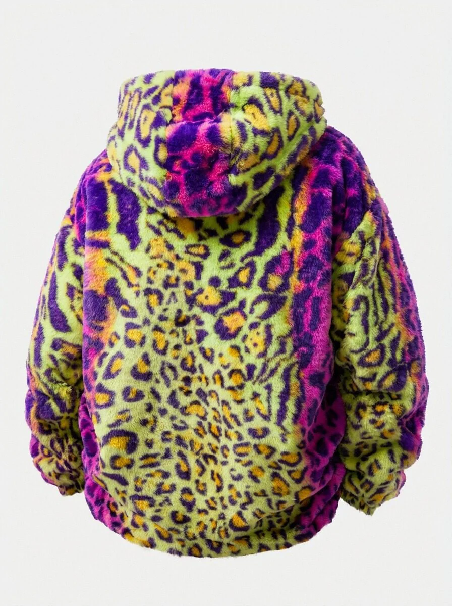 Faux Fur Colorful Leopard Zip Up Hooded Coat - Image 2