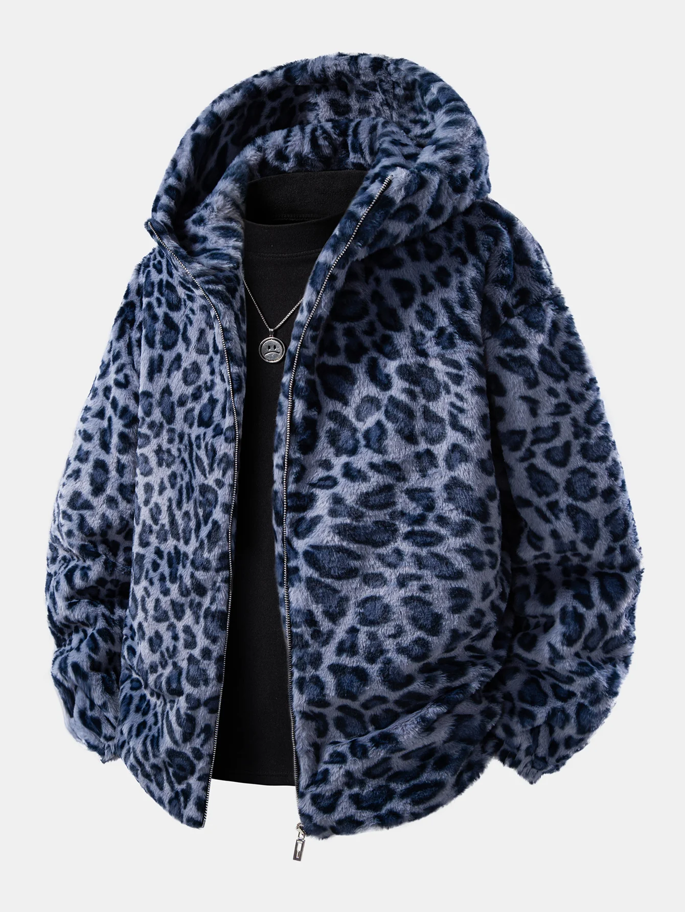 Faux Fur Leopard Zip Up Hooded Coat - Image 3