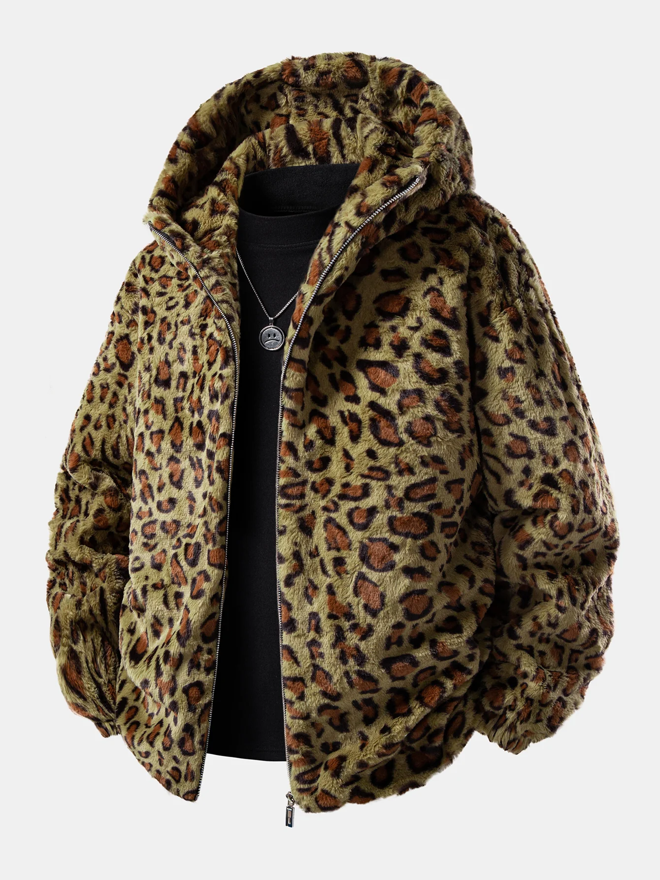 Faux Fur Leopard Zip Up Hooded Coat - Image 5