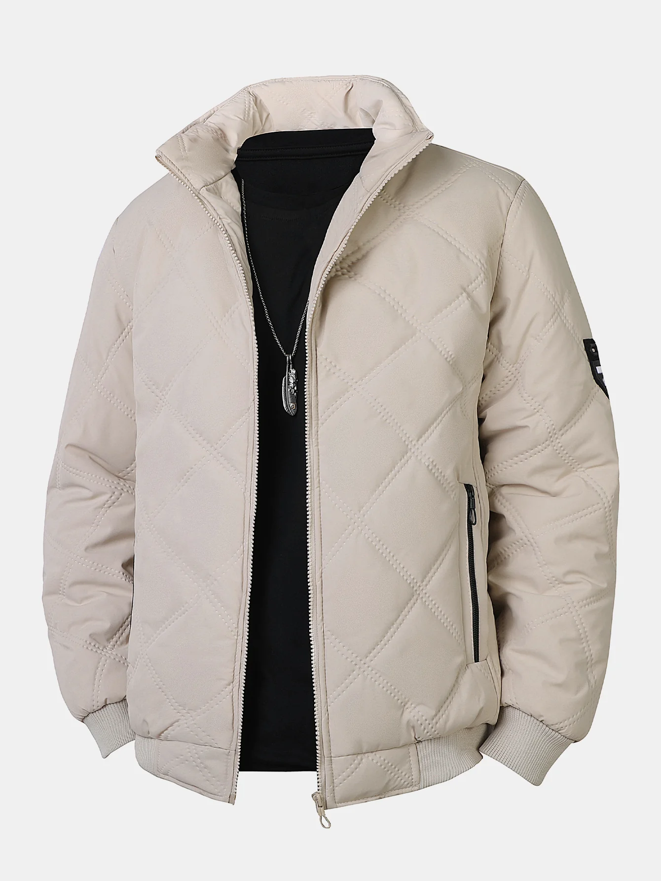 Faux Fur Lined Quilted Stand Collar Jacket - Image 3