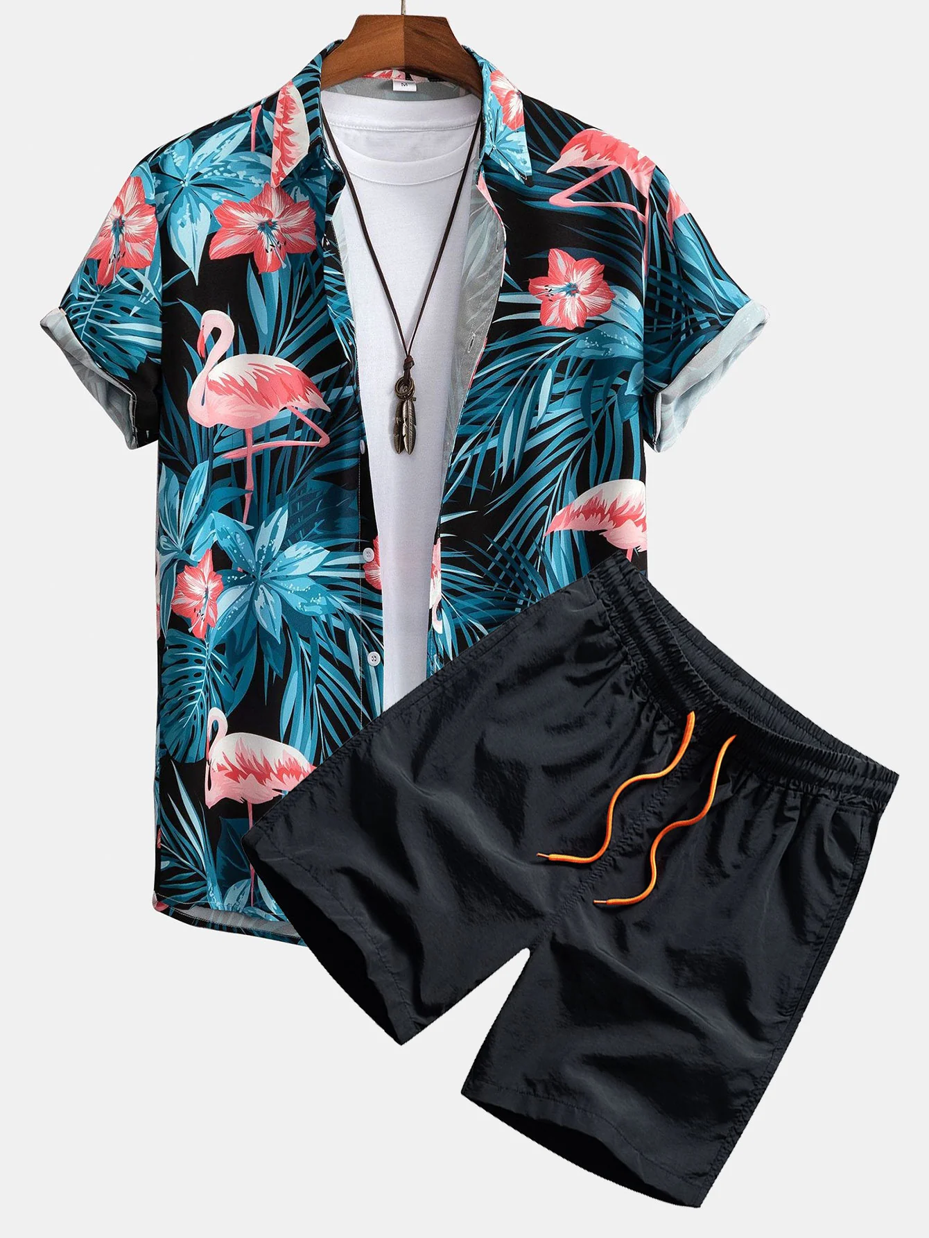 Flamingo Tropenprint Hemd mit Knöpfen & Schwimmshorts - Image 3