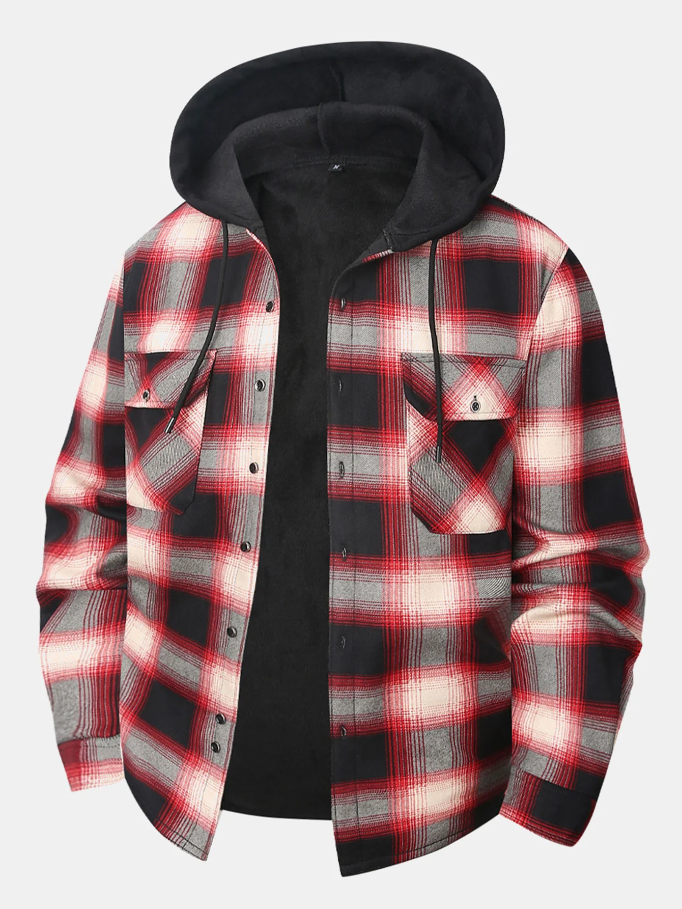Flanell Fleece Gefüttertes Hemd mit Knöpfen und Kapuze - Image 2