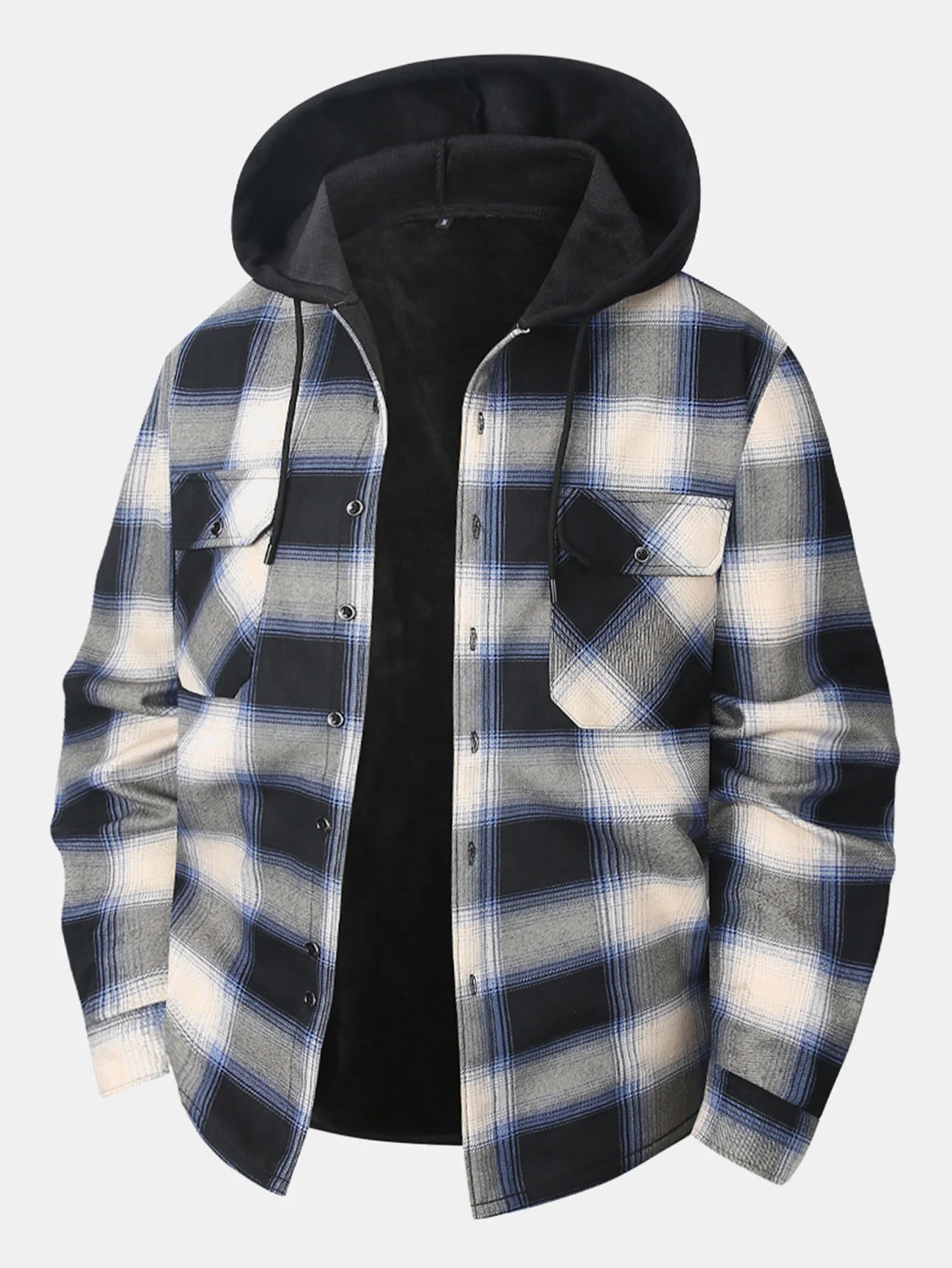 Flanell Fleece Gefüttertes Hemd mit Knöpfen und Kapuze - Image 3