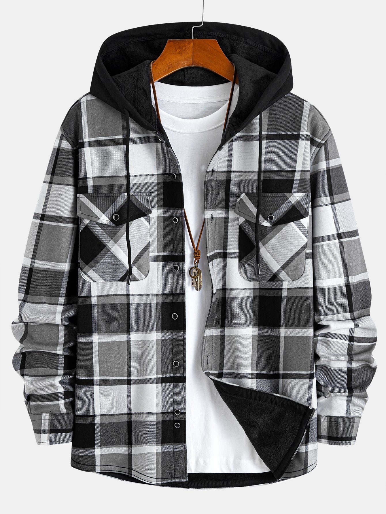 Flanell Fleece Gefüttertes Kapuzenhemd mit Knöpfen - Image 3
