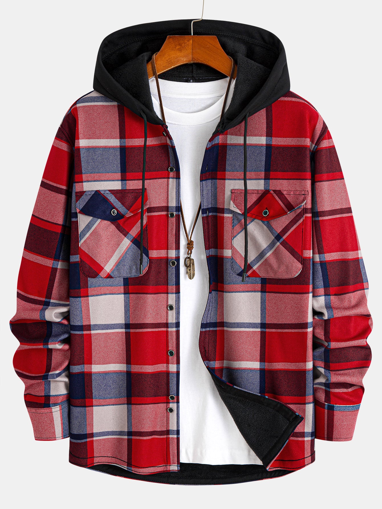 Flanell Fleece Gefüttertes Kapuzenhemd mit Knöpfen - Image 5