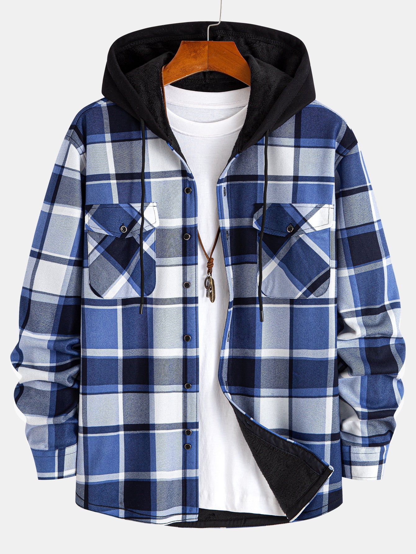 Flanell Fleece Gefüttertes Kapuzenhemd mit Knöpfen - Image 7