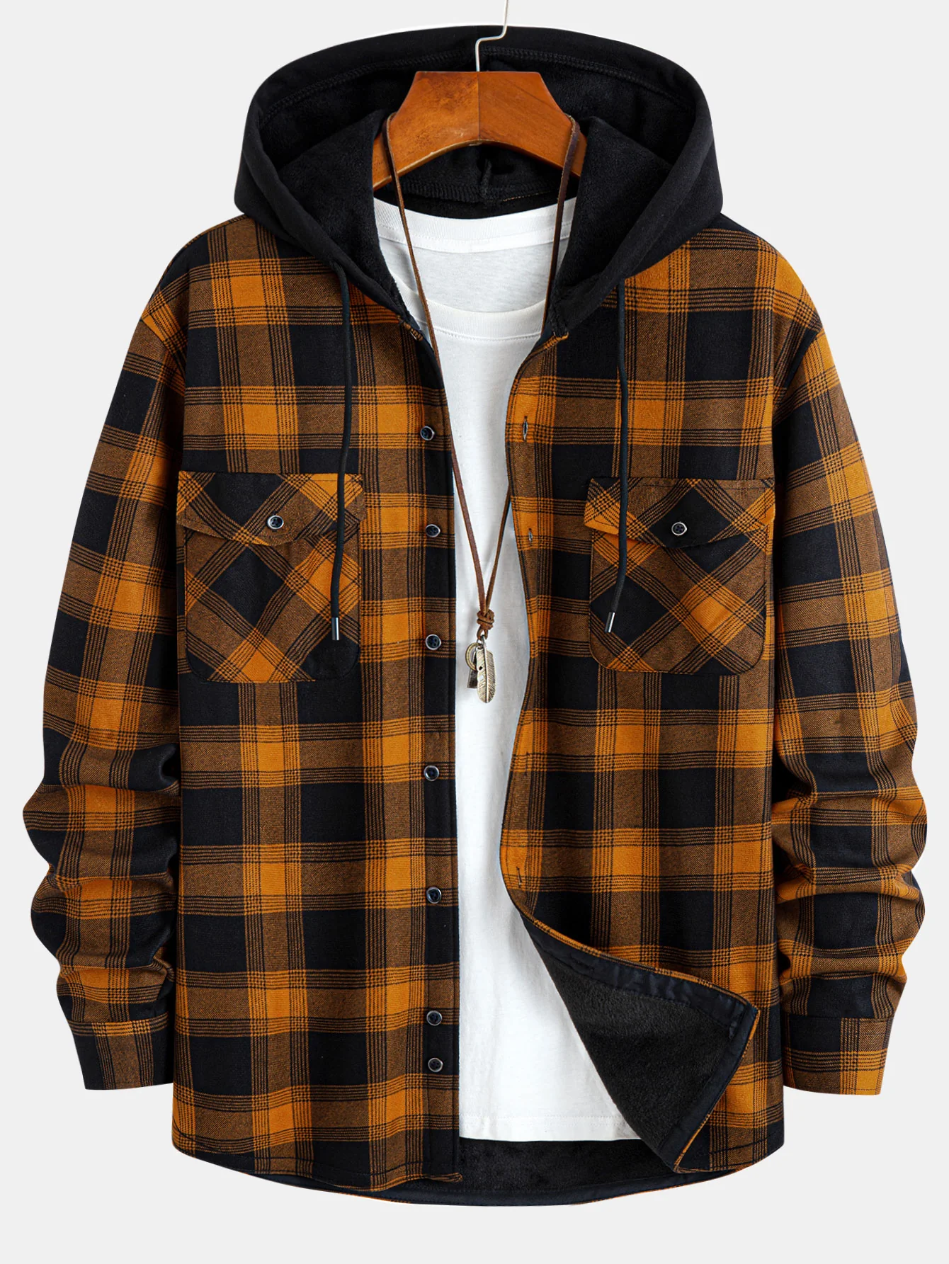 Flanell-Fleece-gefüttertes Kapuzenhemd mit Taschen