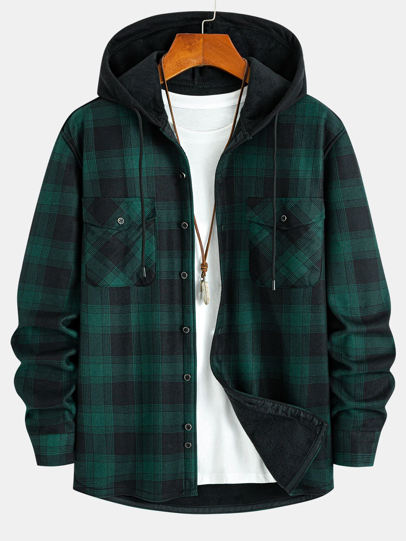 Flanell-Fleece-gefüttertes Kapuzenhemd mit Taschen - Image 3