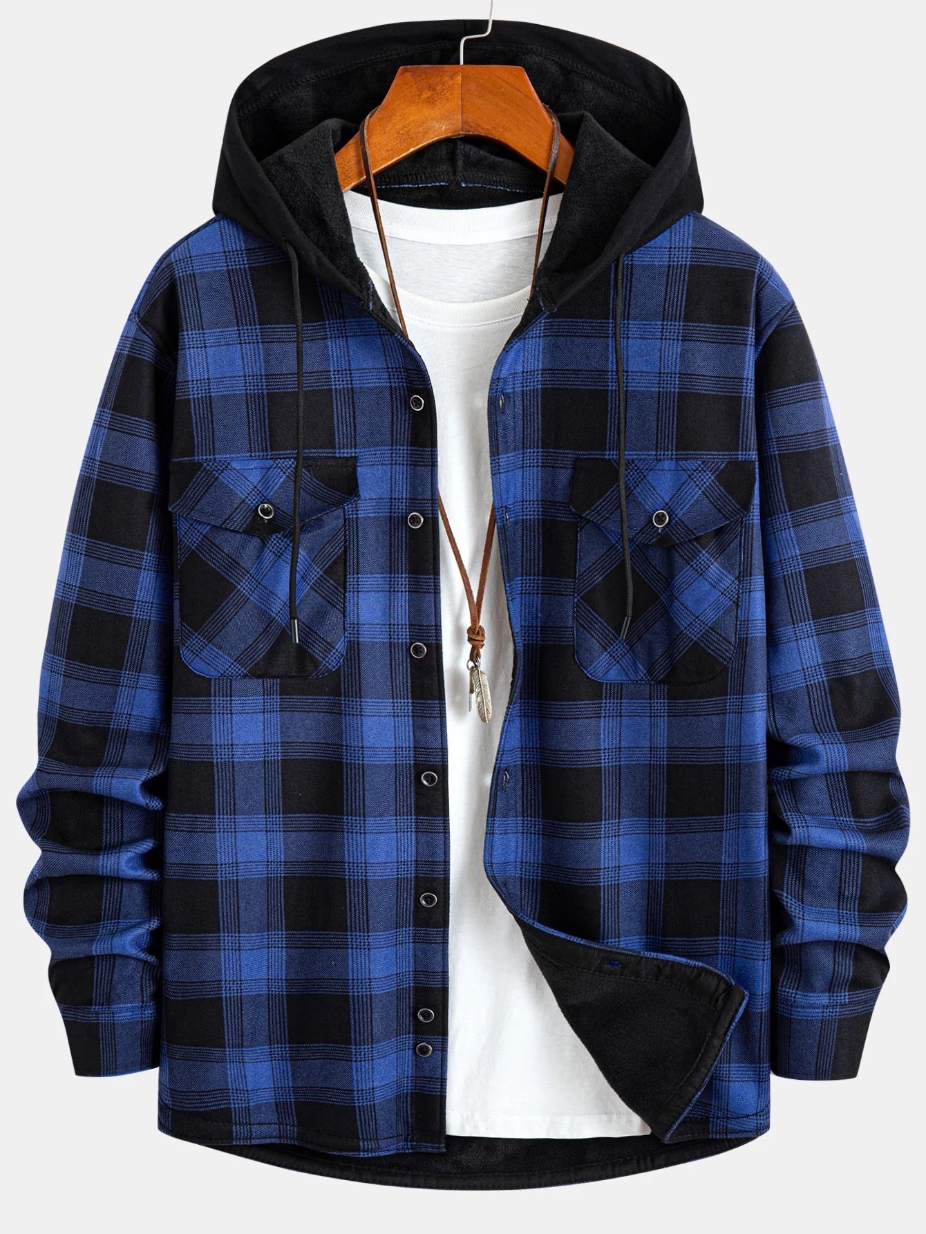 Flanell-Fleece-gefüttertes Kapuzenhemd mit Taschen - Image 5