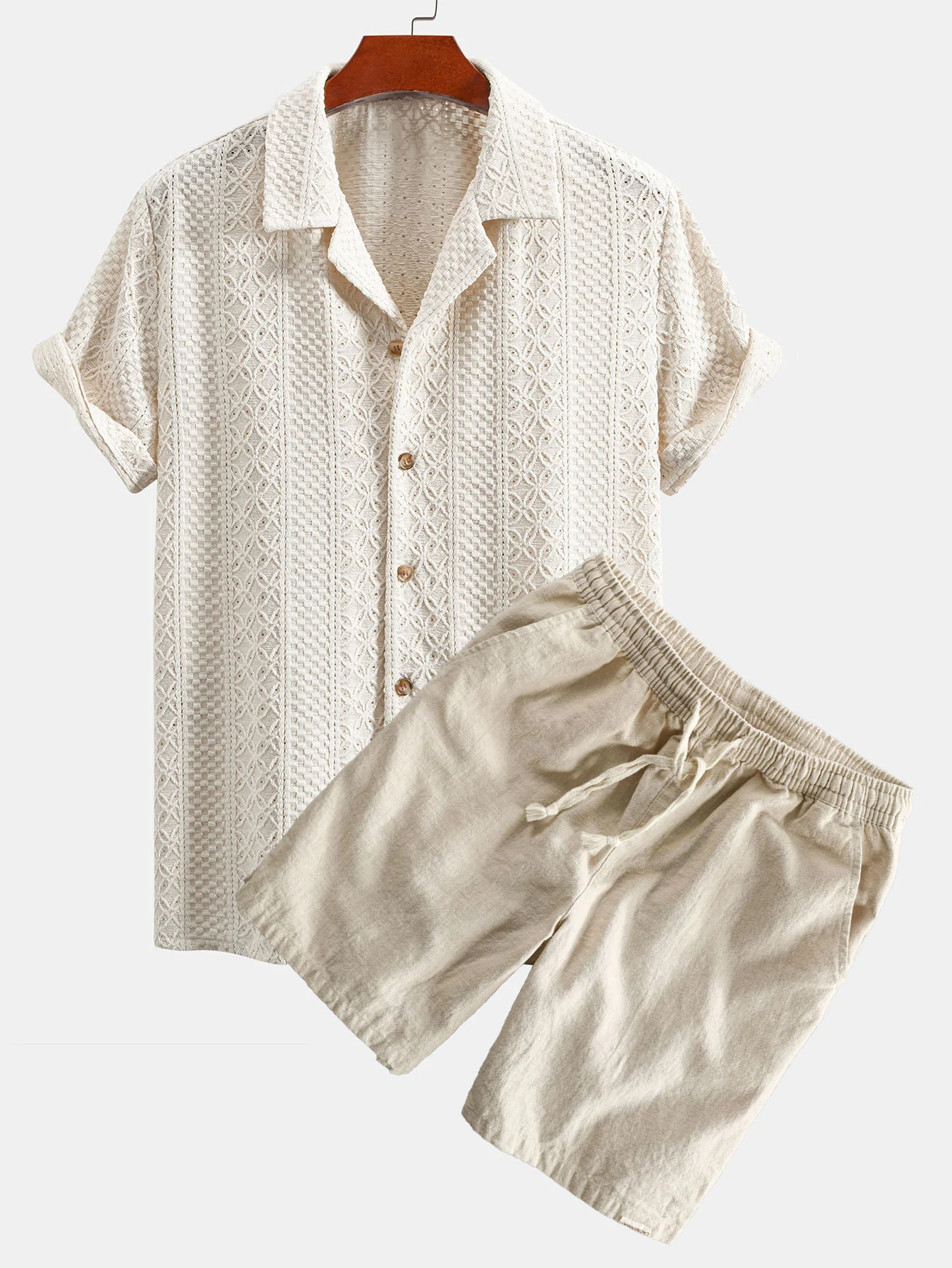Blumen-Schachbrett-Jacquard-Cuban-Shirt & Leinen-Baumwoll-Mischung mit Kordelzug-Shorts - Image 2