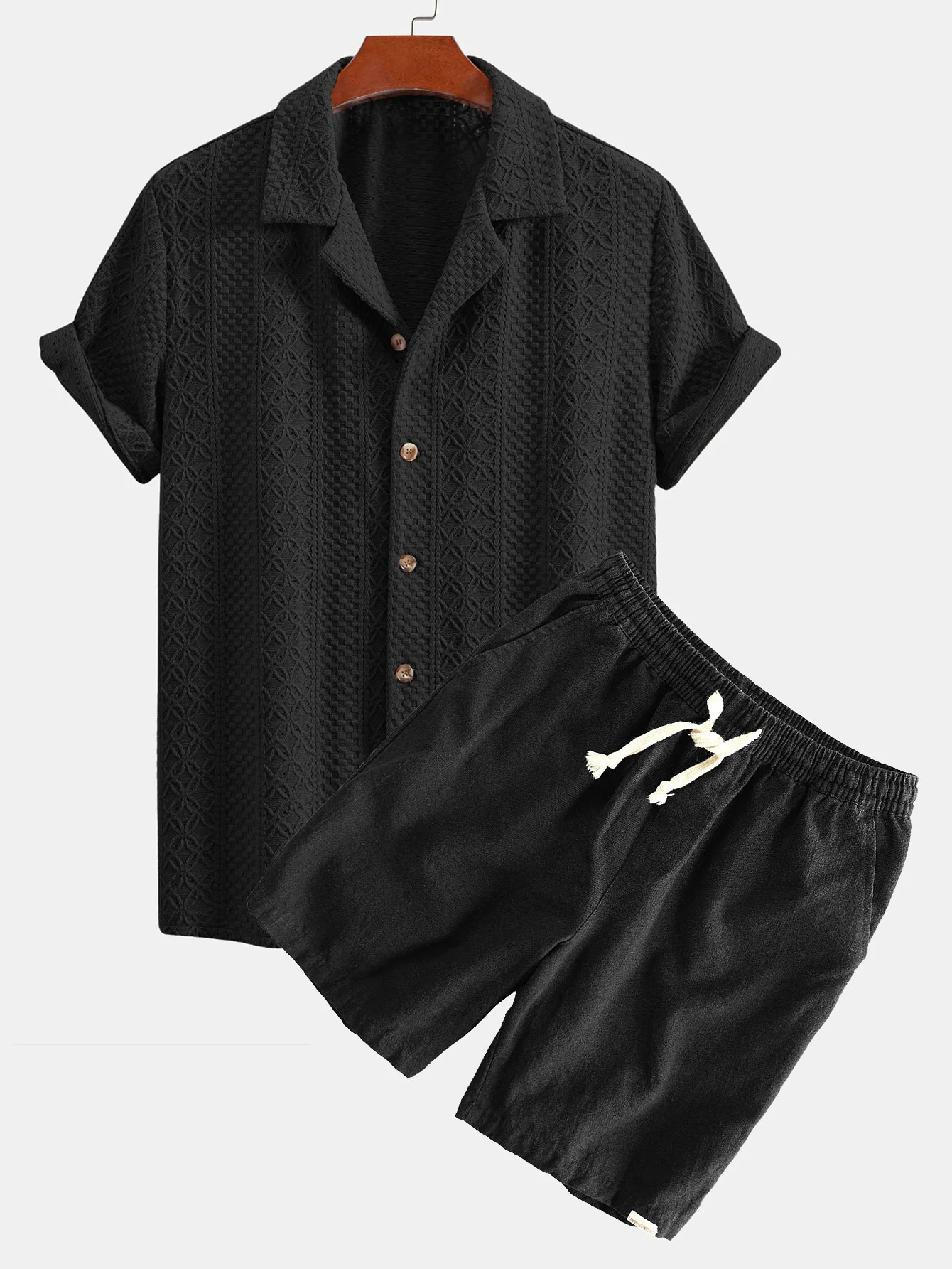 Blumen-Schachbrett-Jacquard-Cuban-Shirt & Leinen-Baumwoll-Mischung mit Kordelzug-Shorts - Image 3