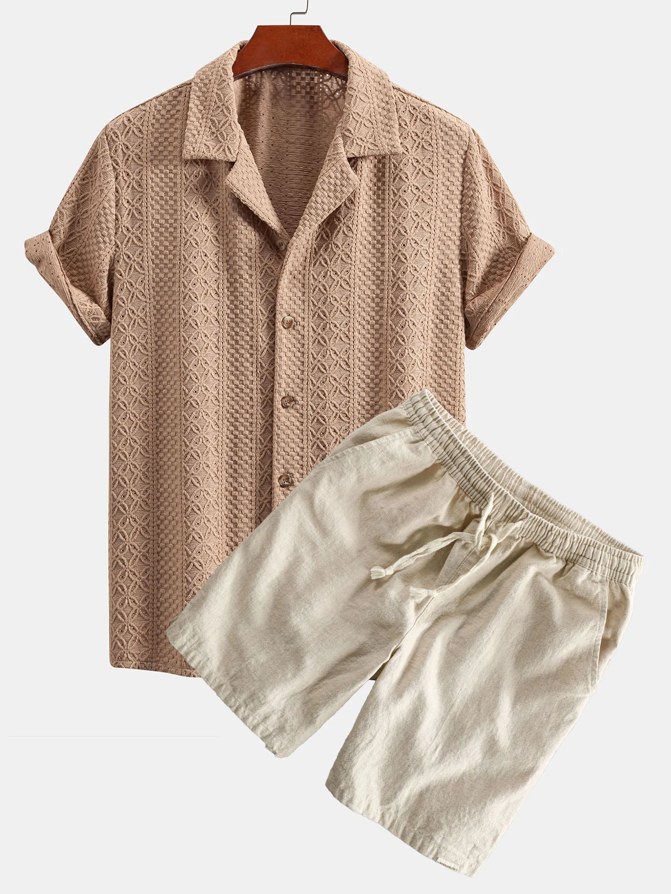 Blumen-Schachbrett-Jacquard-Cuban-Shirt & Leinen-Baumwoll-Mischung mit Kordelzug-Shorts - Image 4